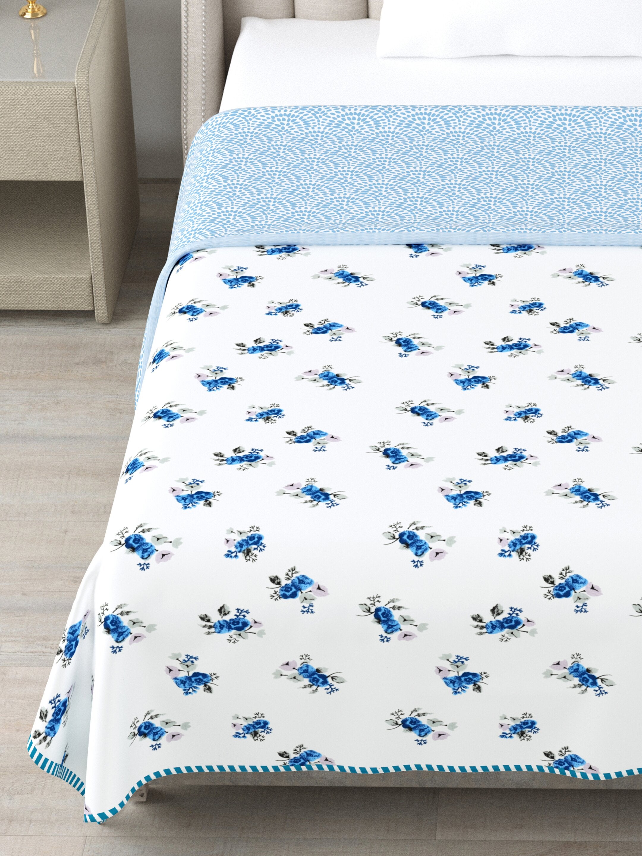 Living Roots Hand Block Floral Printed | Single Bed Dohar Lightweight For Summer Mild Winters AC Reversible Soft Comforter | No Colour Bleeding, Blue Colour, 56*86 inches, 150TC (11-032-C)