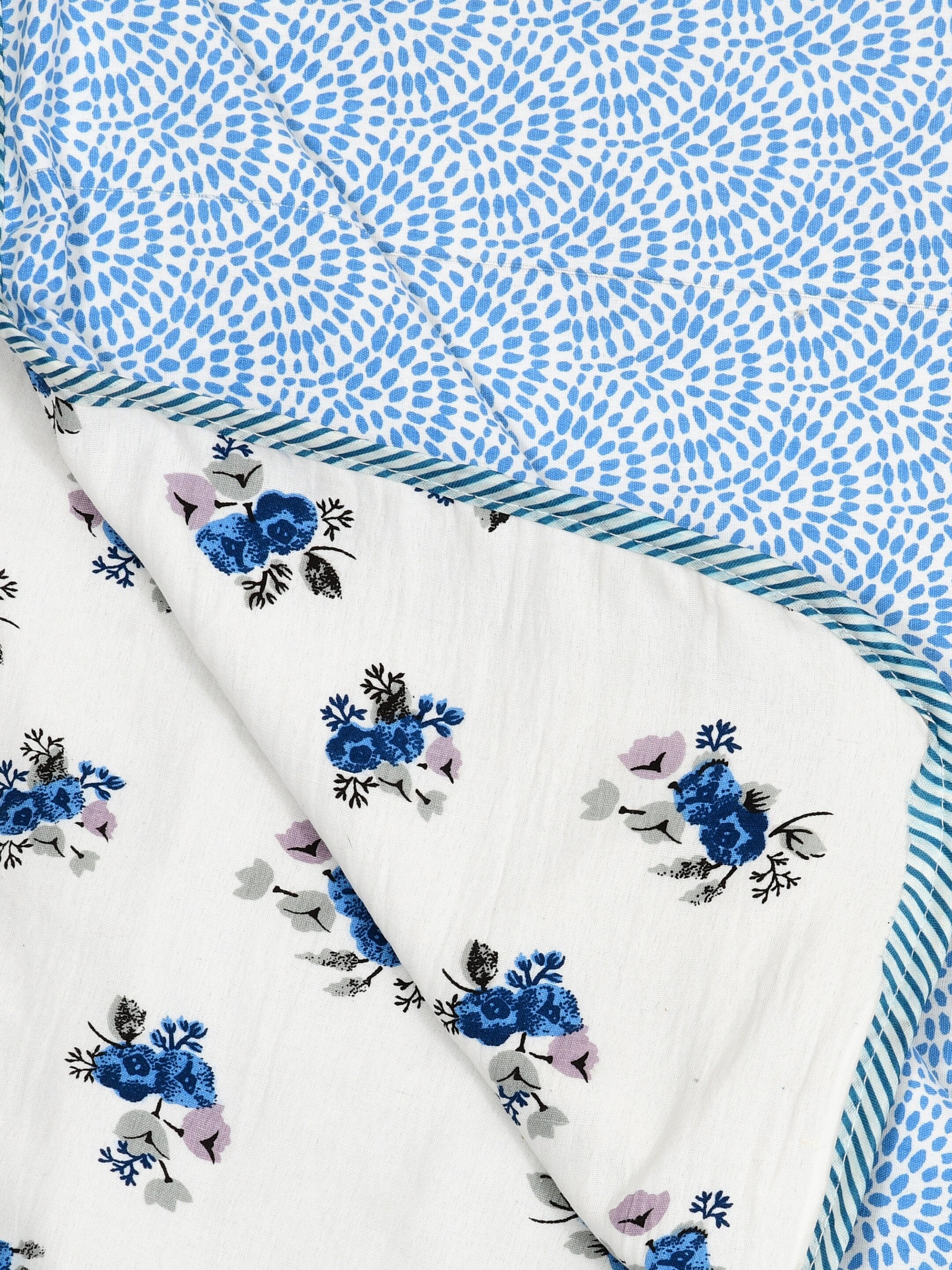 Living Roots Hand Block Floral Printed | Single Bed Dohar Lightweight For Summer Mild Winters AC Reversible Soft Comforter | No Colour Bleeding, Blue Colour, 56*86 inches, 150TC (11-032-C)