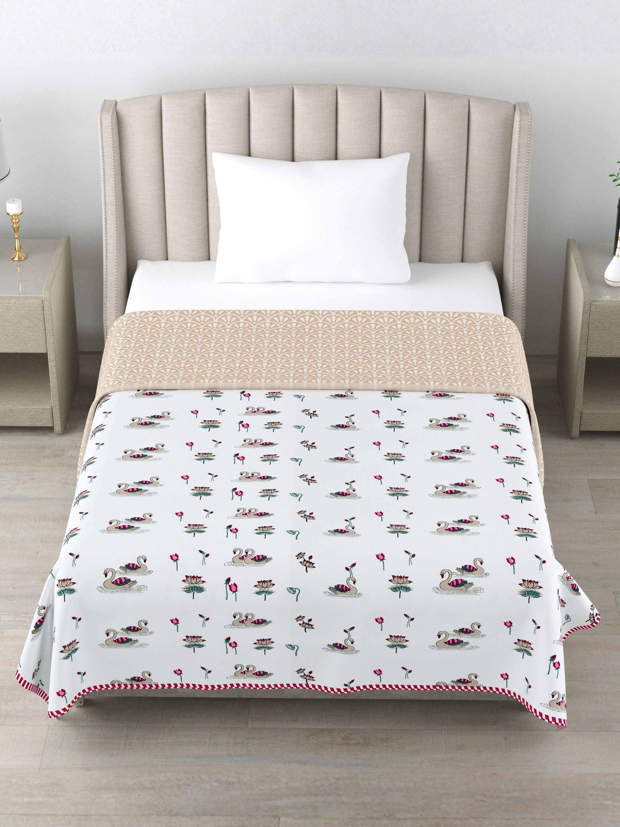 Living Roots Hand Block Swan Lotus Printed | Single Bed Dohar Lightweight For Summer Mild Winters AC Reversible Soft Comforter | No Colour Bleeding, Brown Colour, 56*86 inches, 150TC (11-033-A)
