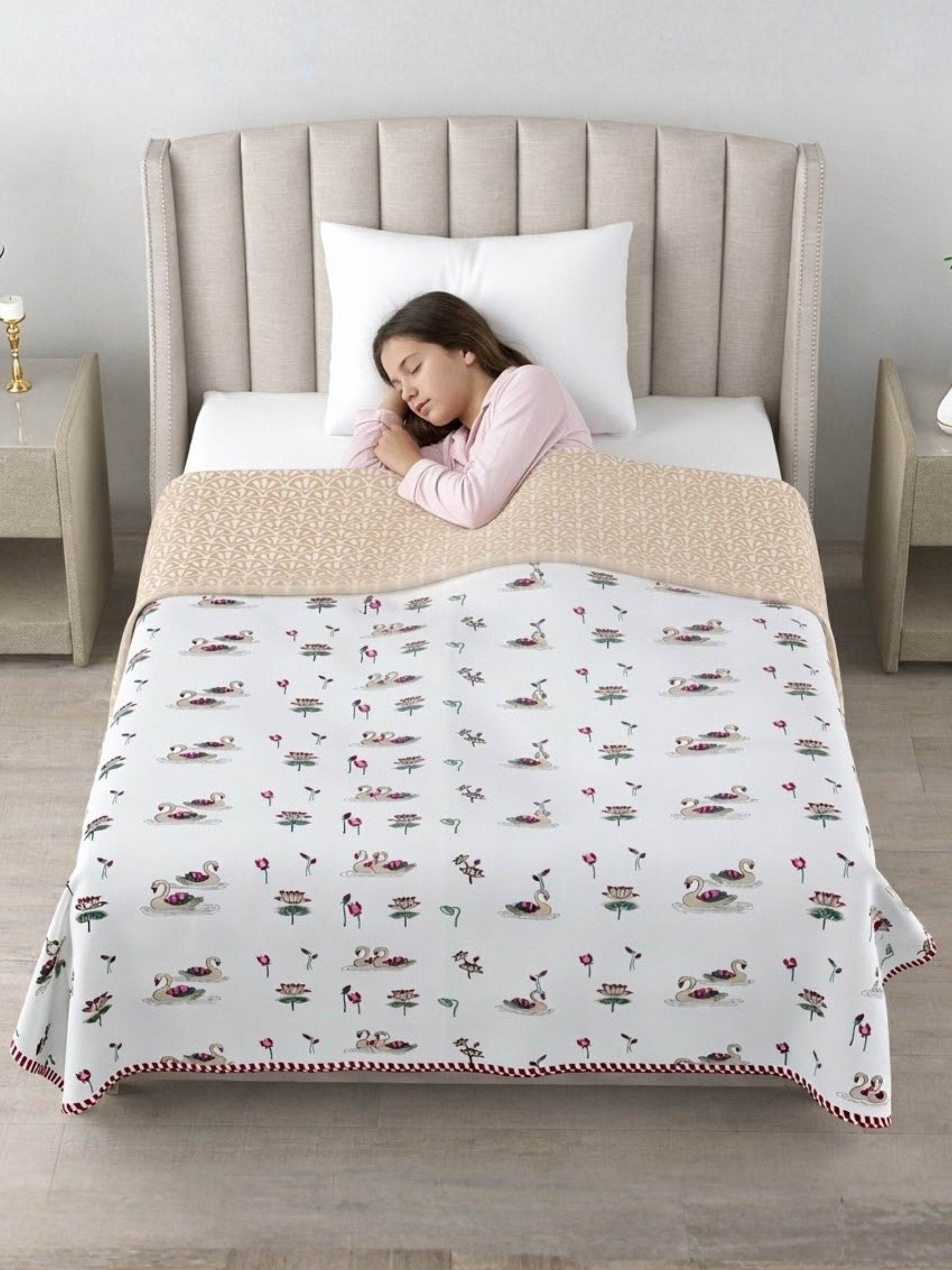 Living Roots Hand Block Swan Lotus Printed | Single Bed Dohar Lightweight For Summer Mild Winters AC Reversible Soft Comforter | No Colour Bleeding, Brown Colour, 56*86 inches, 150TC (11-033-A)