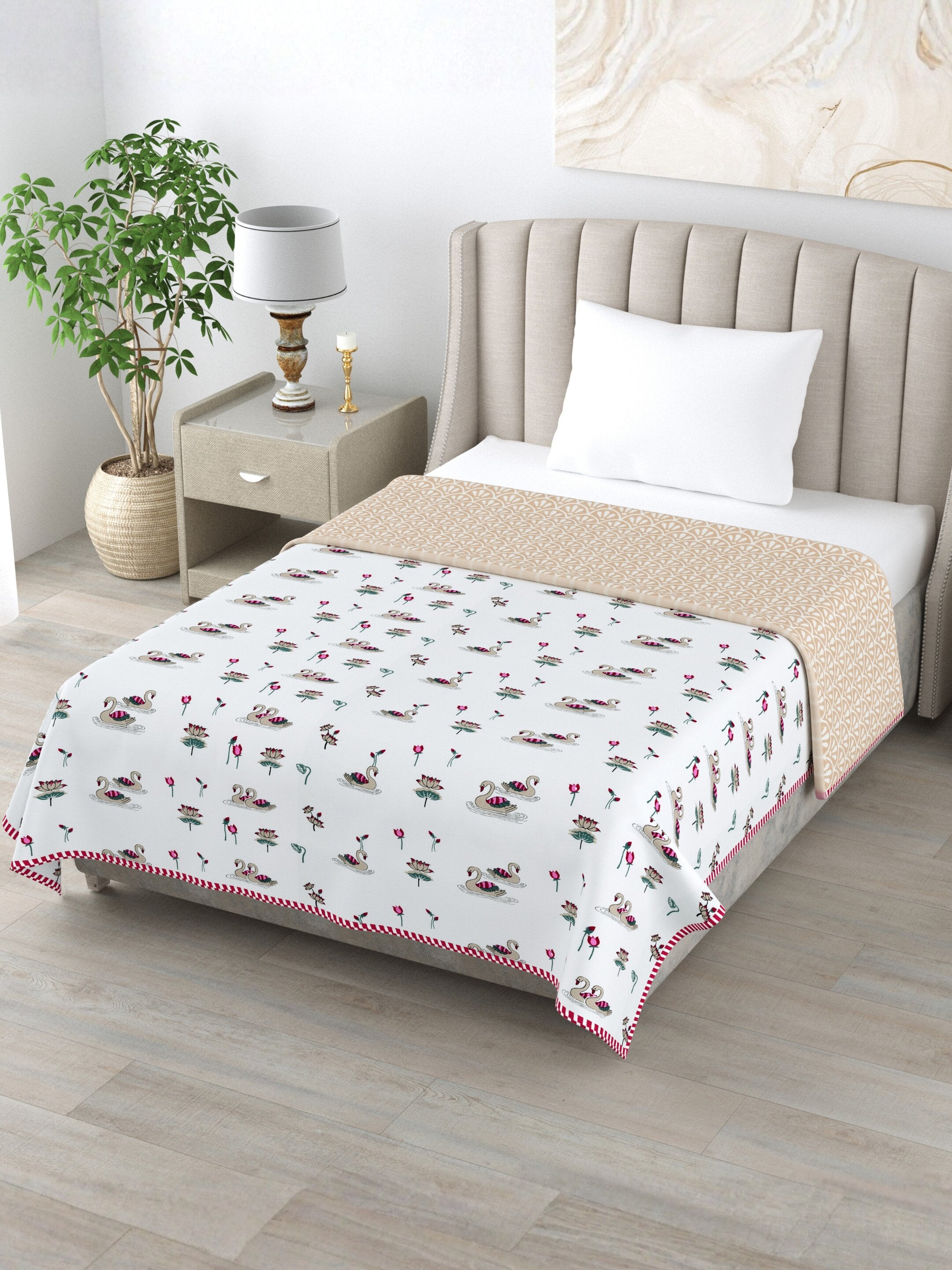 Living Roots Hand Block Swan Lotus Printed | Single Bed Dohar Lightweight For Summer Mild Winters AC Reversible Soft Comforter | No Colour Bleeding, Brown Colour, 56*86 inches, 150TC (11-033-A)