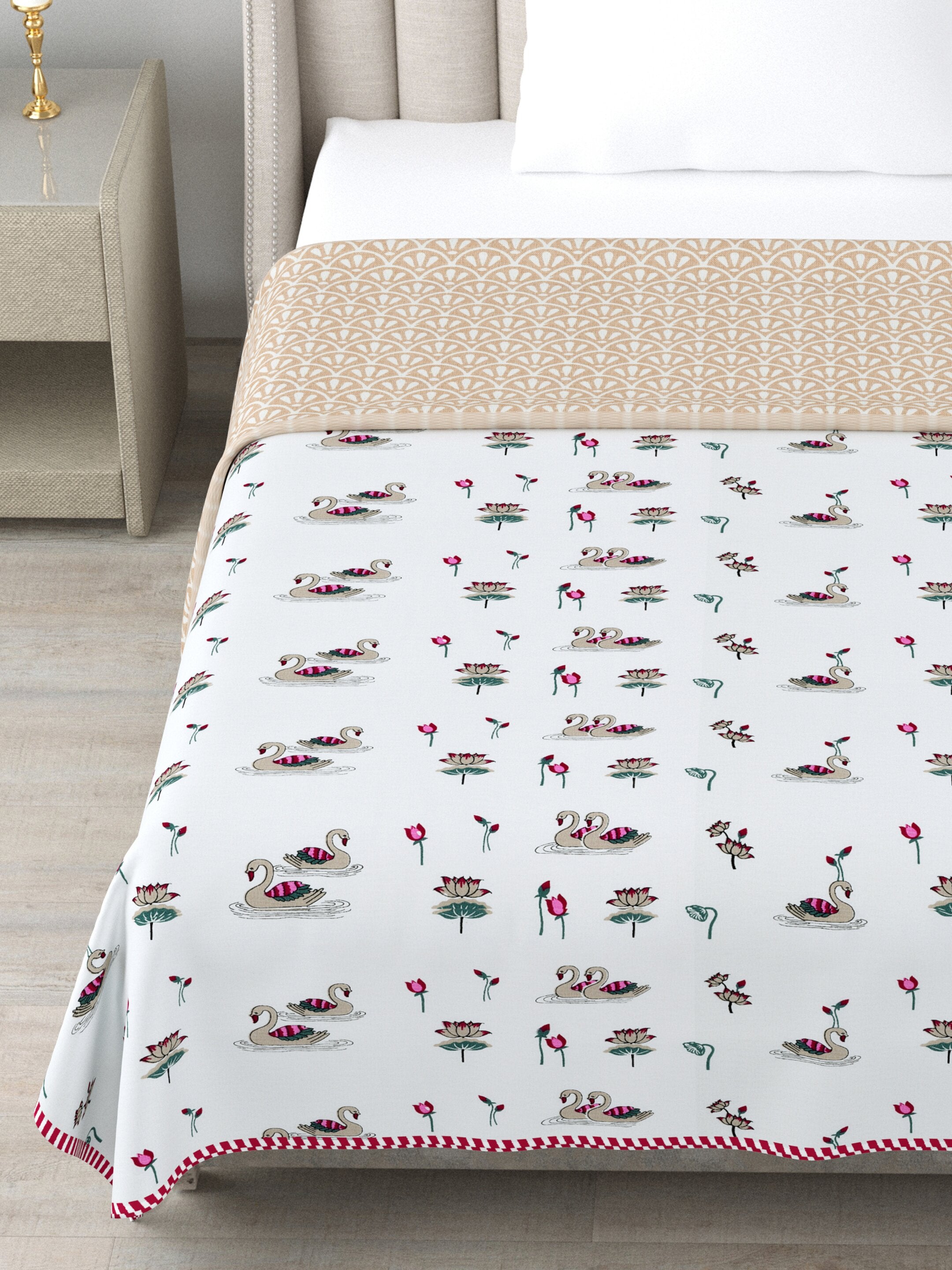 Living Roots Hand Block Swan Lotus Printed | Single Bed Dohar Lightweight For Summer Mild Winters AC Reversible Soft Comforter | No Colour Bleeding, Brown Colour, 56*86 inches, 150TC (11-033-A)
