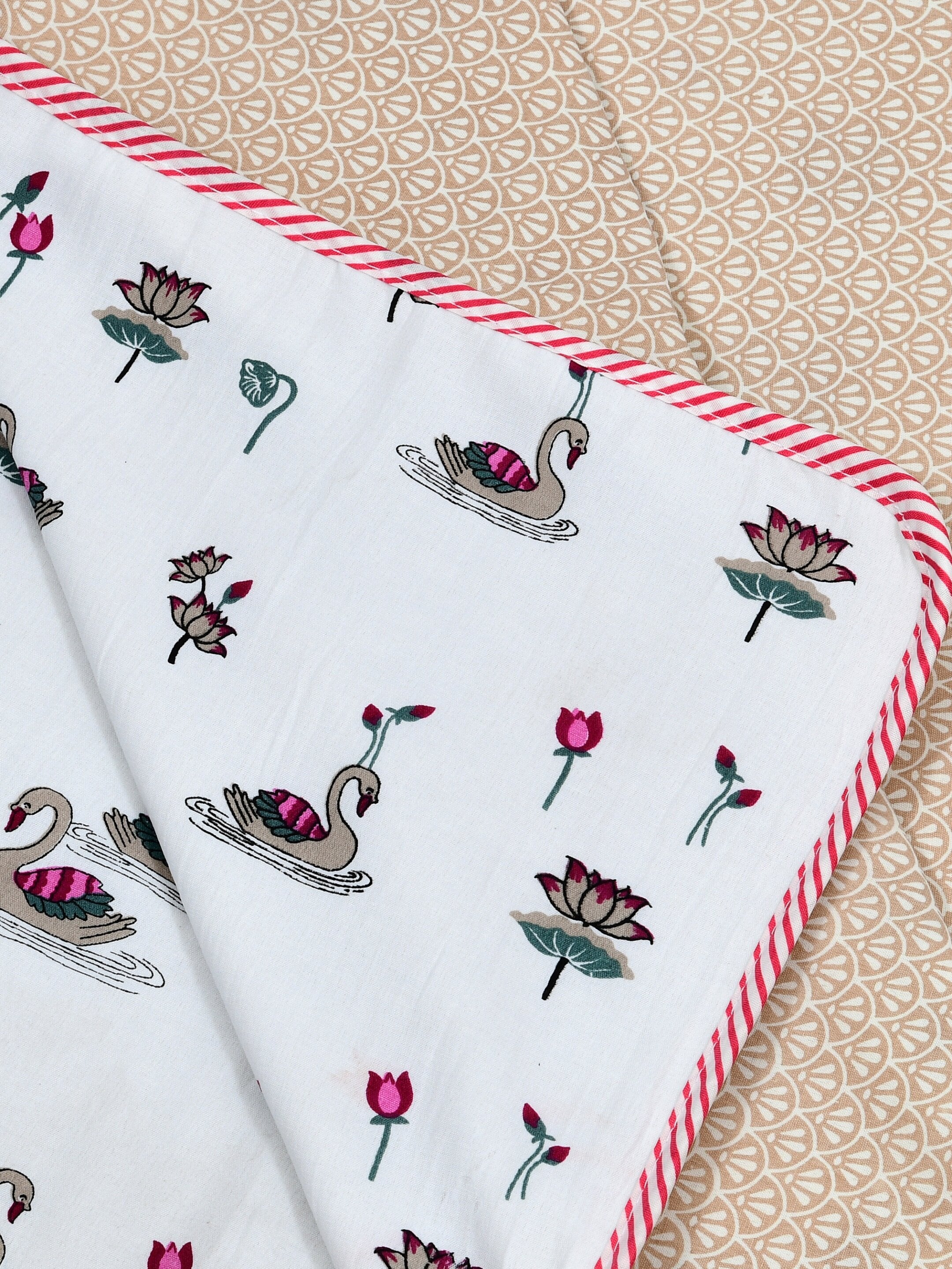 Living Roots Hand Block Swan Lotus Printed | Single Bed Dohar Lightweight For Summer Mild Winters AC Reversible Soft Comforter | No Colour Bleeding, Brown Colour, 56*86 inches, 150TC (11-033-A)