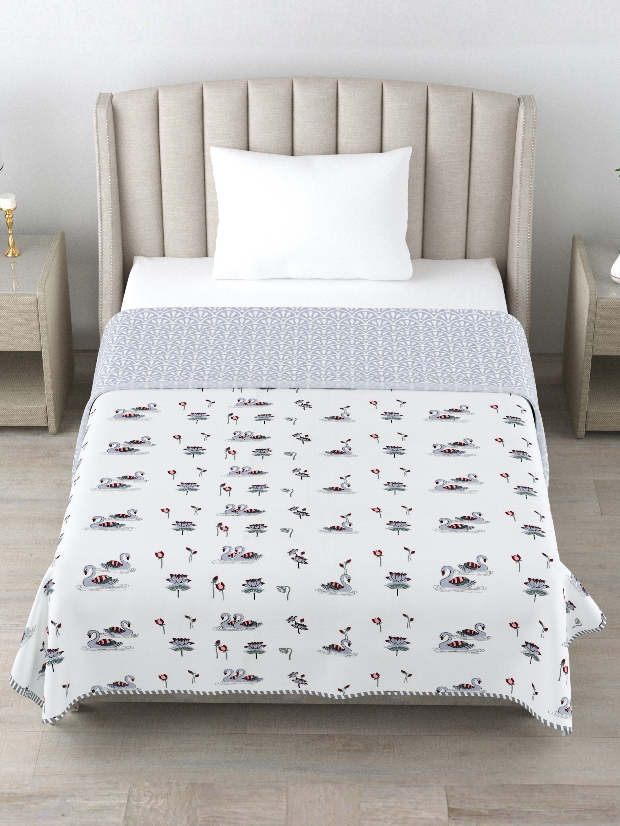 Living Roots Hand Block Swan Lotus Printed | Single Bed Dohar Lightweight For Summer Mild Winters AC Reversible Soft Comforter | No Colour Bleeding, Grey Colour, 56*86 inches, 150TC (11-033-B)
