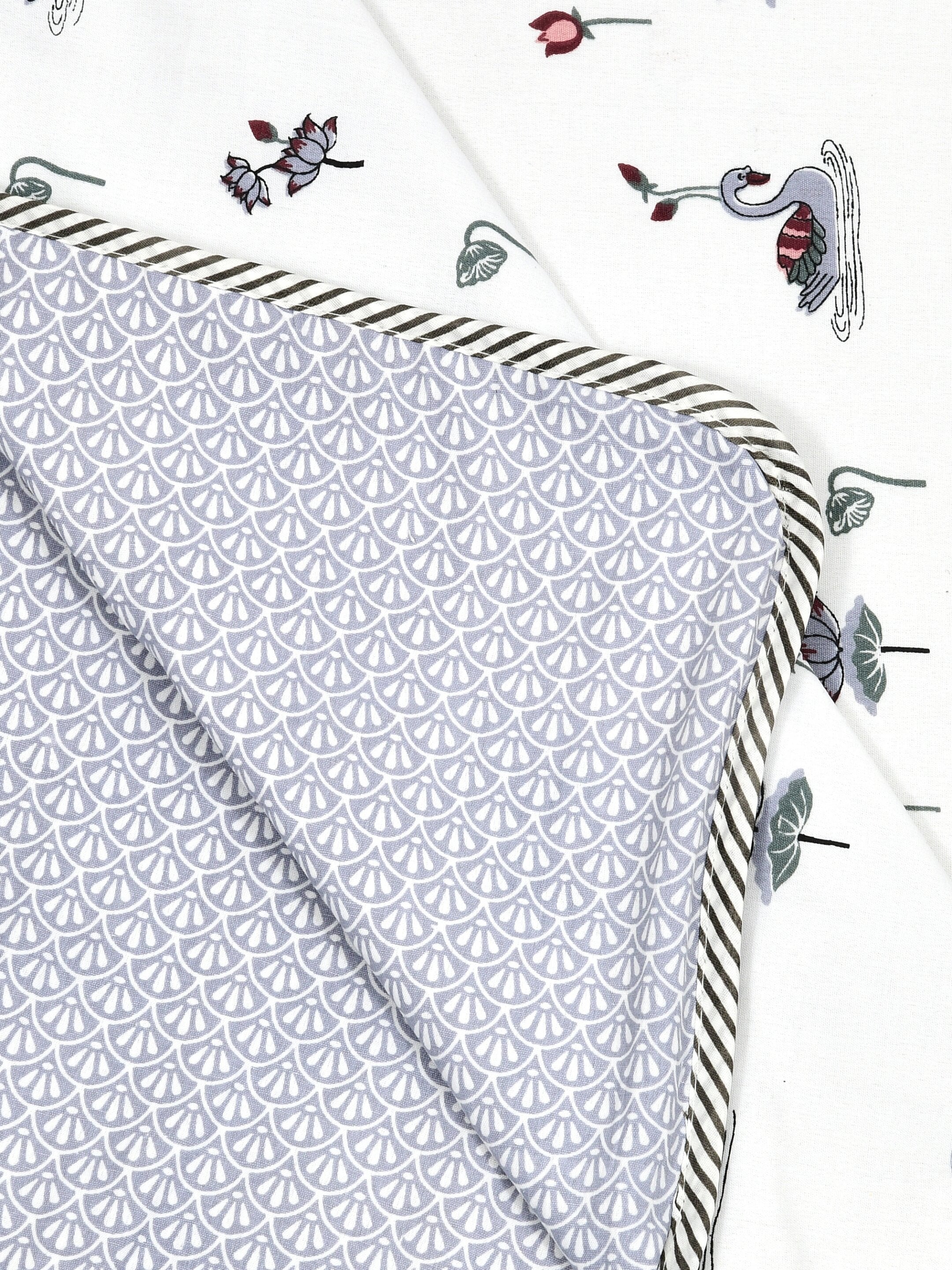 Living Roots Hand Block Swan Lotus Printed | Single Bed Dohar Lightweight For Summer Mild Winters AC Reversible Soft Comforter | No Colour Bleeding, Grey Colour, 56*86 inches, 150TC (11-033-B)