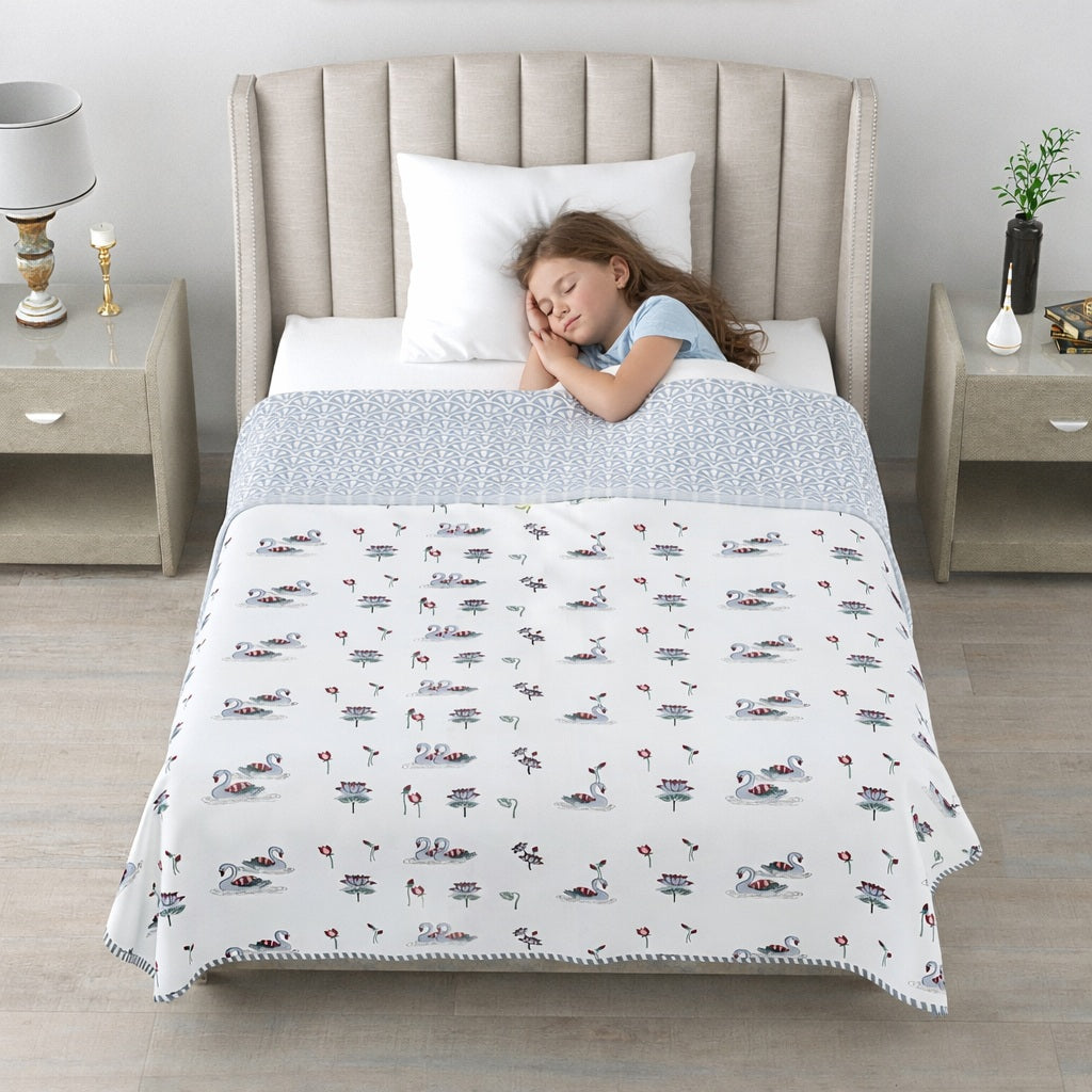 Living Roots Hand Block Swan Lotus Printed | Single Bed Dohar Lightweight For Summer Mild Winters AC Reversible Soft Comforter | No Colour Bleeding, Grey Colour, 56*86 inches, 150TC (11-033-B)