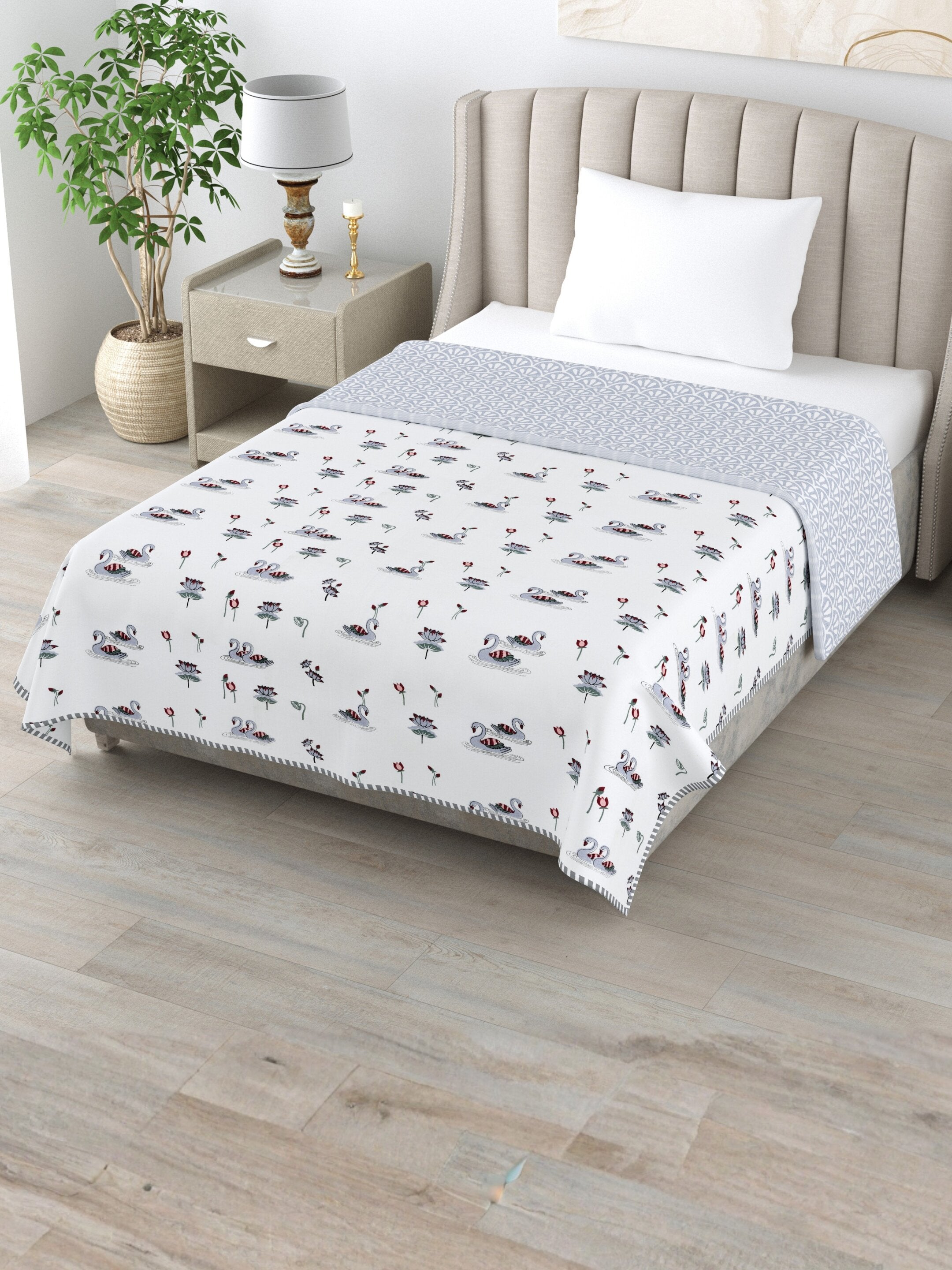 Living Roots Hand Block Swan Lotus Printed | Single Bed Dohar Lightweight For Summer Mild Winters AC Reversible Soft Comforter | No Colour Bleeding, Grey Colour, 56*86 inches, 150TC (11-033-B)
