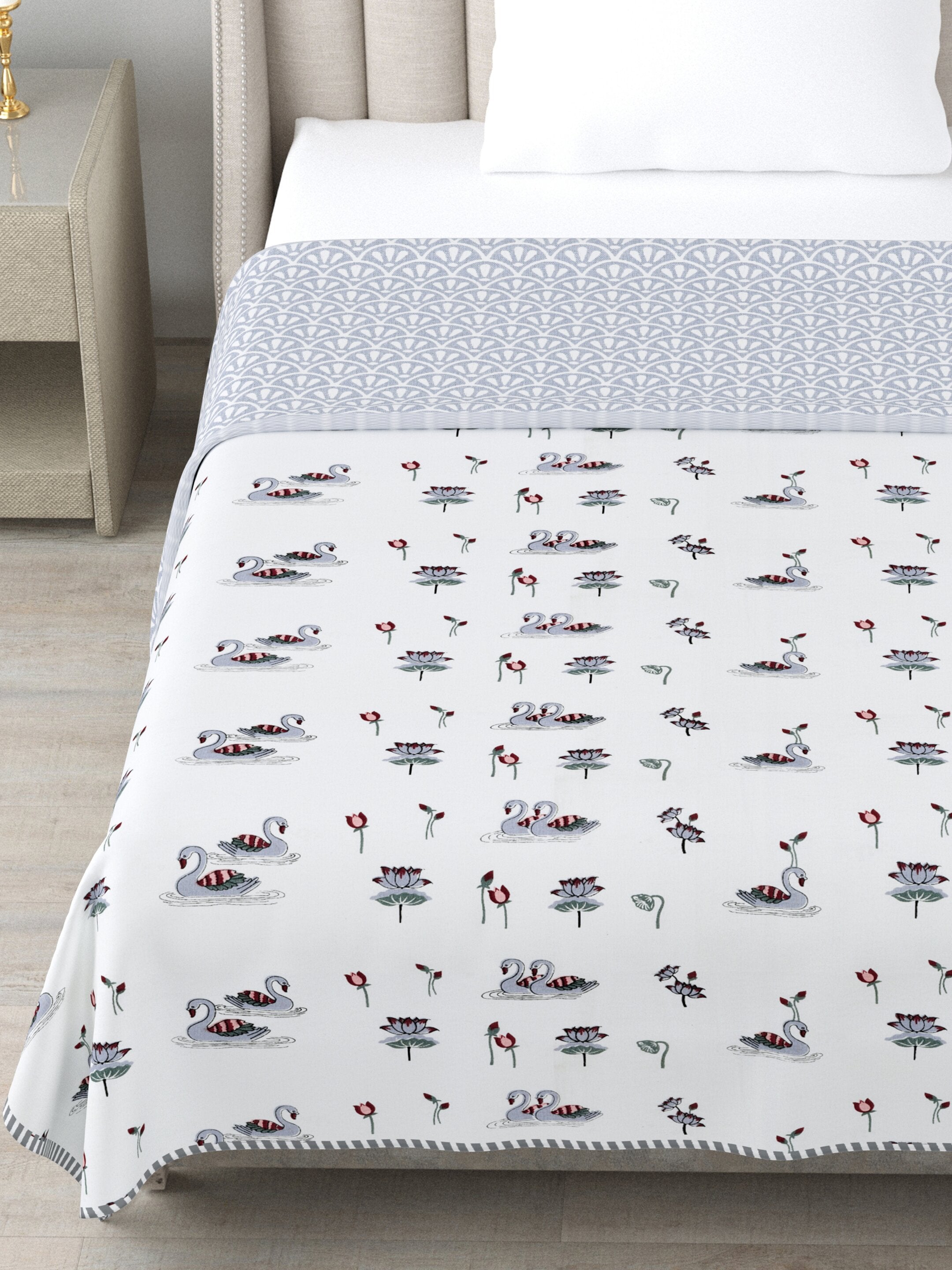 Living Roots Hand Block Swan Lotus Printed | Single Bed Dohar Lightweight For Summer Mild Winters AC Reversible Soft Comforter | No Colour Bleeding, Grey Colour, 56*86 inches, 150TC (11-033-B)