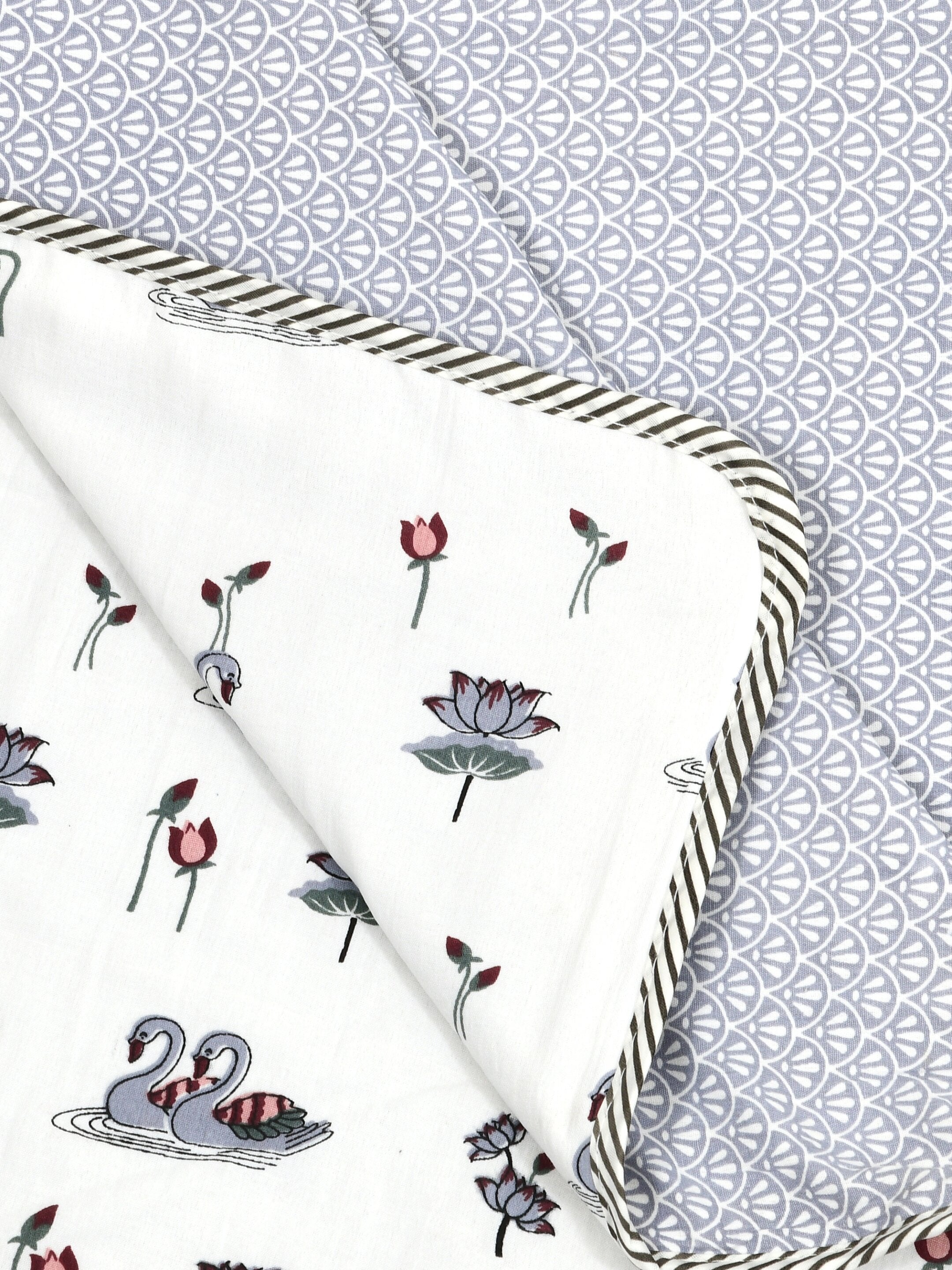 Living Roots Hand Block Swan Lotus Printed | Single Bed Dohar Lightweight For Summer Mild Winters AC Reversible Soft Comforter | No Colour Bleeding, Grey Colour, 56*86 inches, 150TC (11-033-B)