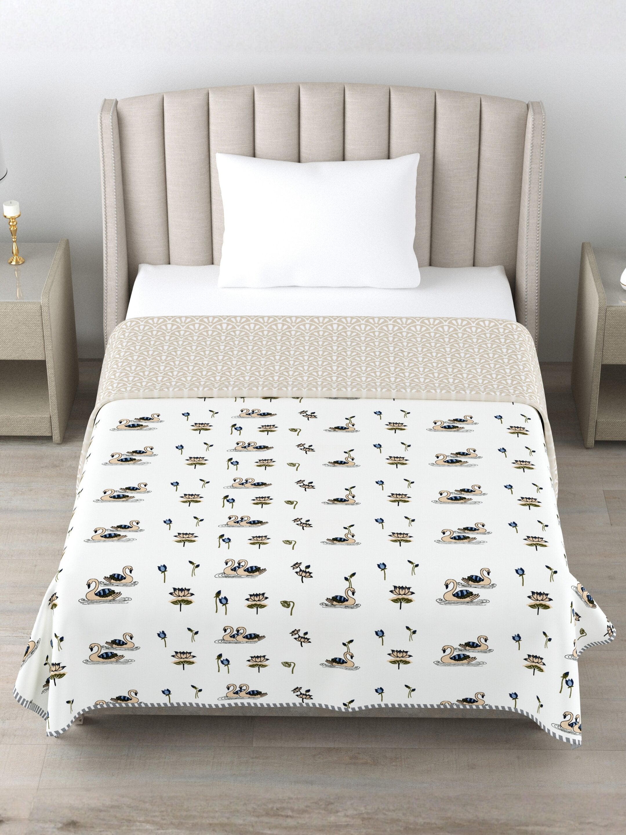 Living Roots Hand Block Swan Lotus Printed | Single Bed Dohar Lightweight For Summer Mild Winters AC Reversible Soft Comforter | No Colour Bleeding, Beige Colour, 56*86 inches, 150TC (11-033-C)
