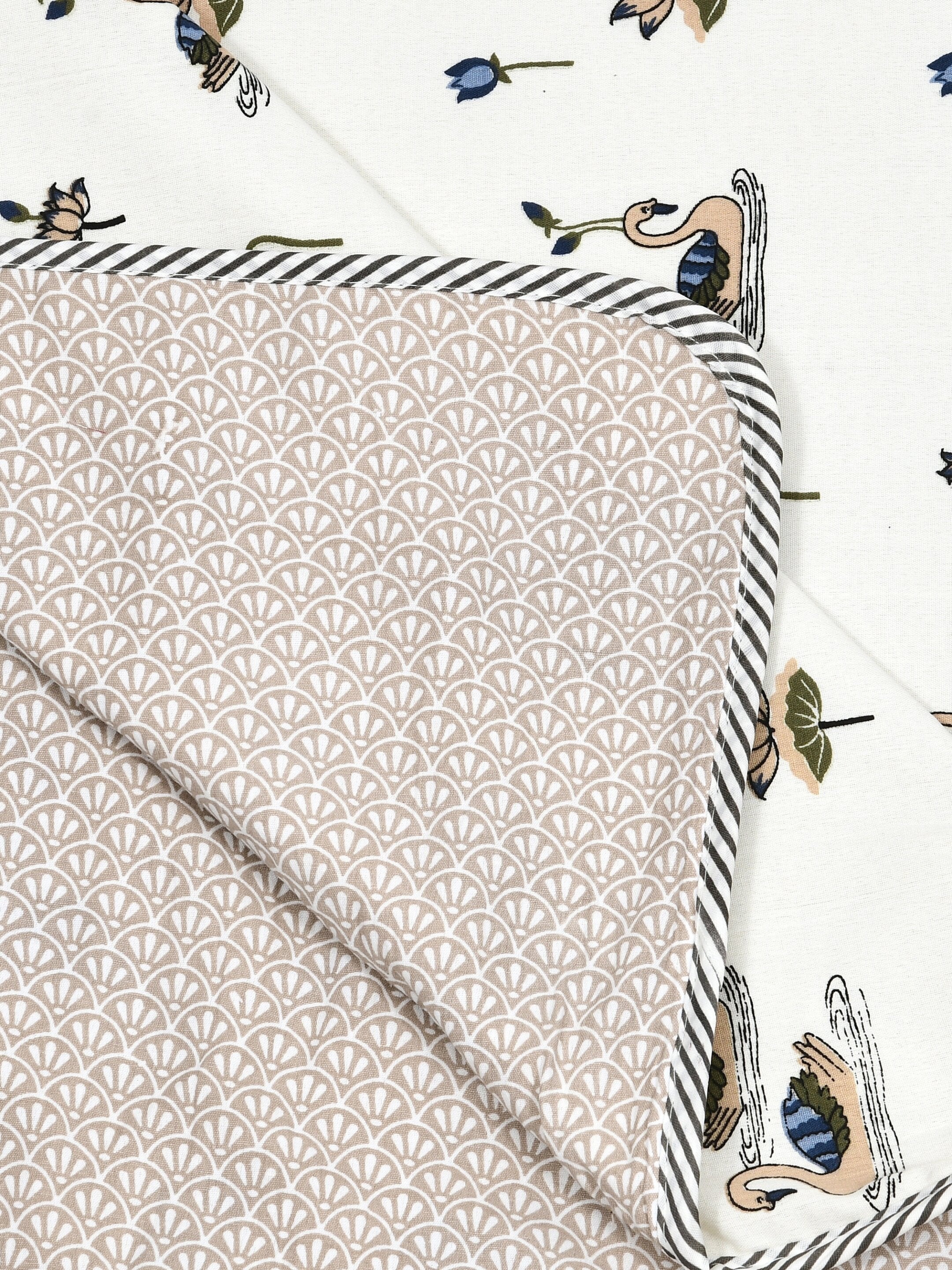 Living Roots Hand Block Swan Lotus Printed | Single Bed Dohar Lightweight For Summer Mild Winters AC Reversible Soft Comforter | No Colour Bleeding, Beige Colour, 56*86 inches, 150TC (11-033-C)