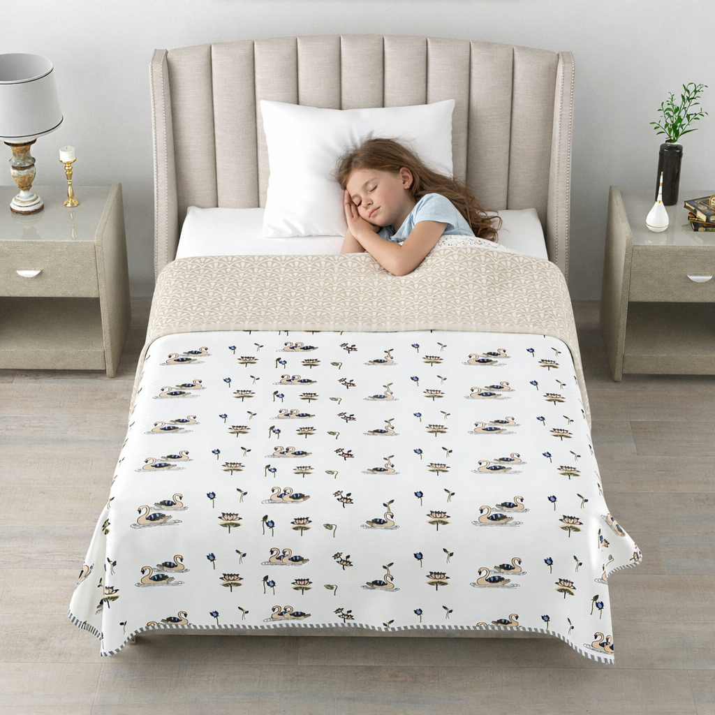 Living Roots Hand Block Swan Lotus Printed | Single Bed Dohar Lightweight For Summer Mild Winters AC Reversible Soft Comforter | No Colour Bleeding, Beige Colour, 56*86 inches, 150TC (11-033-C)