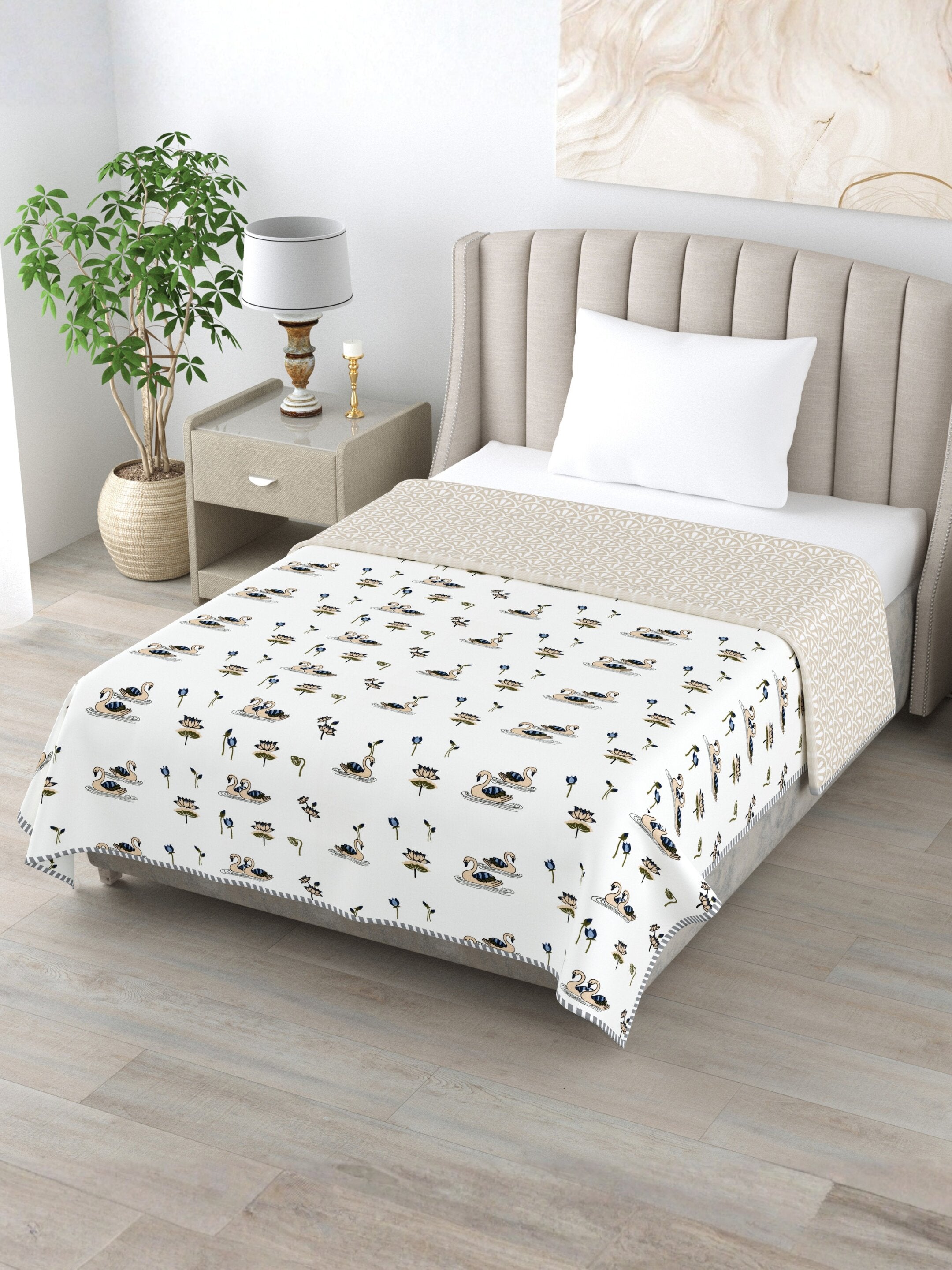 Living Roots Hand Block Swan Lotus Printed | Single Bed Dohar Lightweight For Summer Mild Winters AC Reversible Soft Comforter | No Colour Bleeding, Beige Colour, 56*86 inches, 150TC (11-033-C)