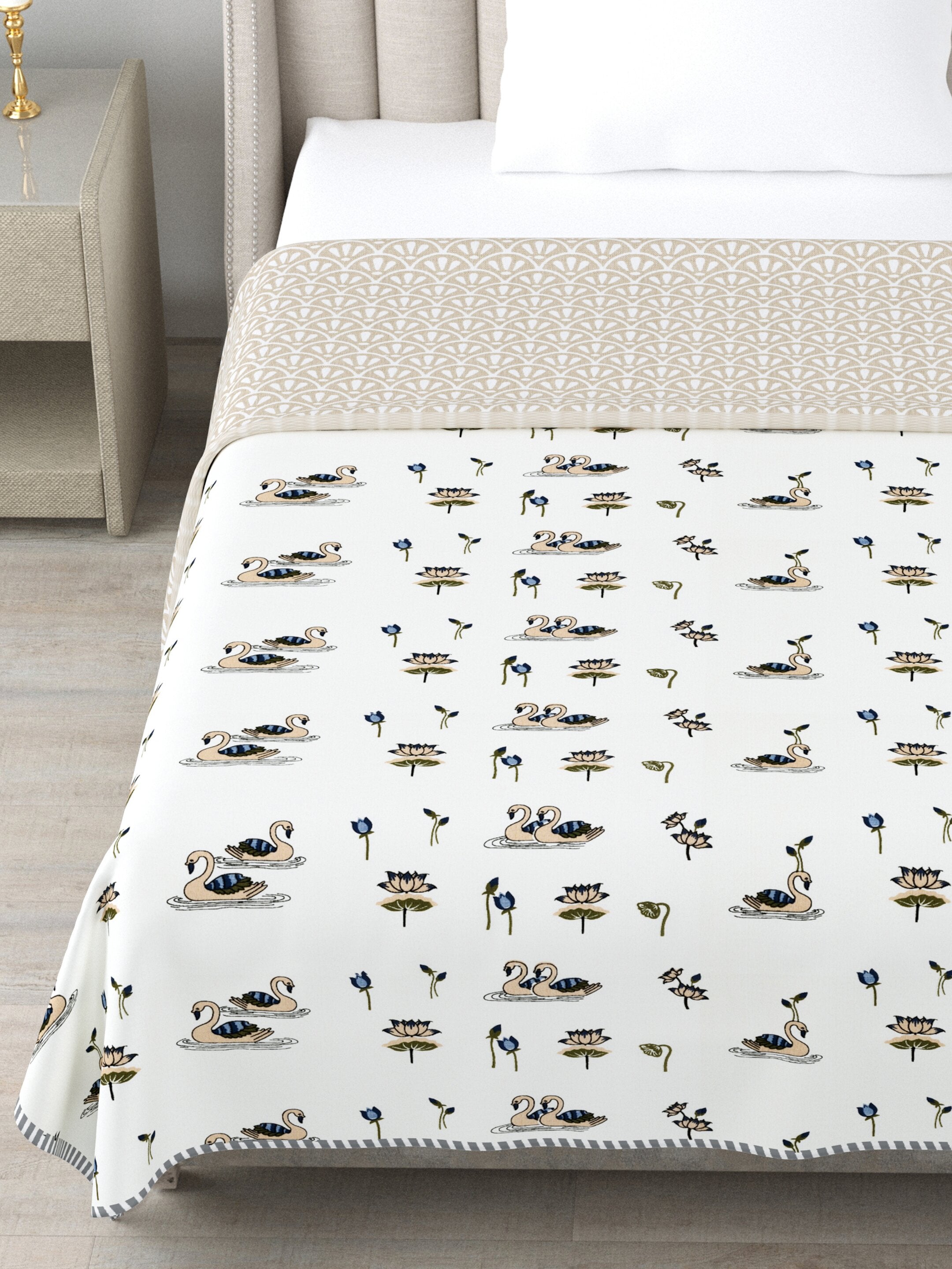 Living Roots Hand Block Swan Lotus Printed | Single Bed Dohar Lightweight For Summer Mild Winters AC Reversible Soft Comforter | No Colour Bleeding, Beige Colour, 56*86 inches, 150TC (11-033-C)