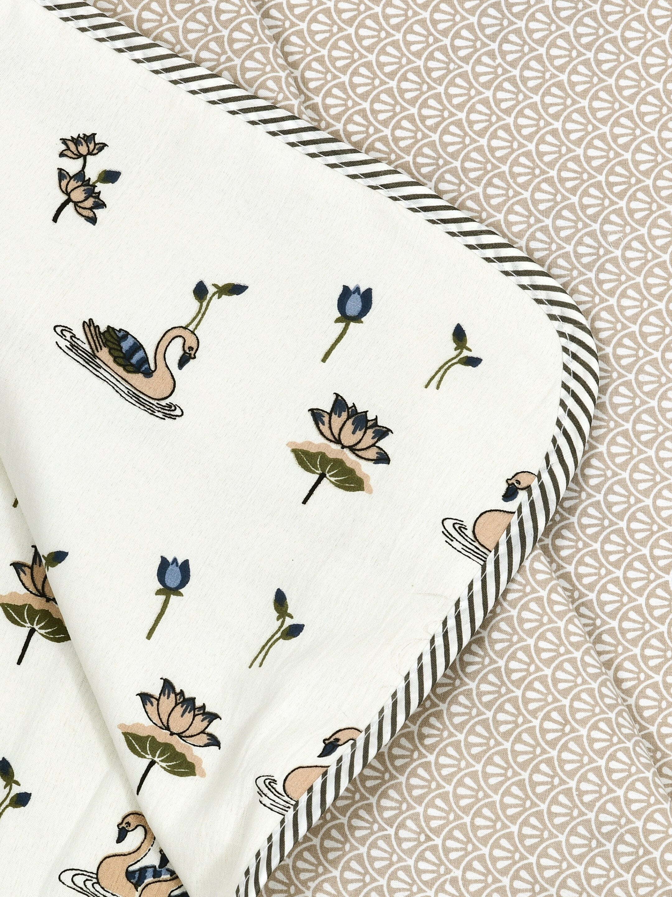 Living Roots Hand Block Swan Lotus Printed | Single Bed Dohar Lightweight For Summer Mild Winters AC Reversible Soft Comforter | No Colour Bleeding, Beige Colour, 56*86 inches, 150TC (11-033-C)