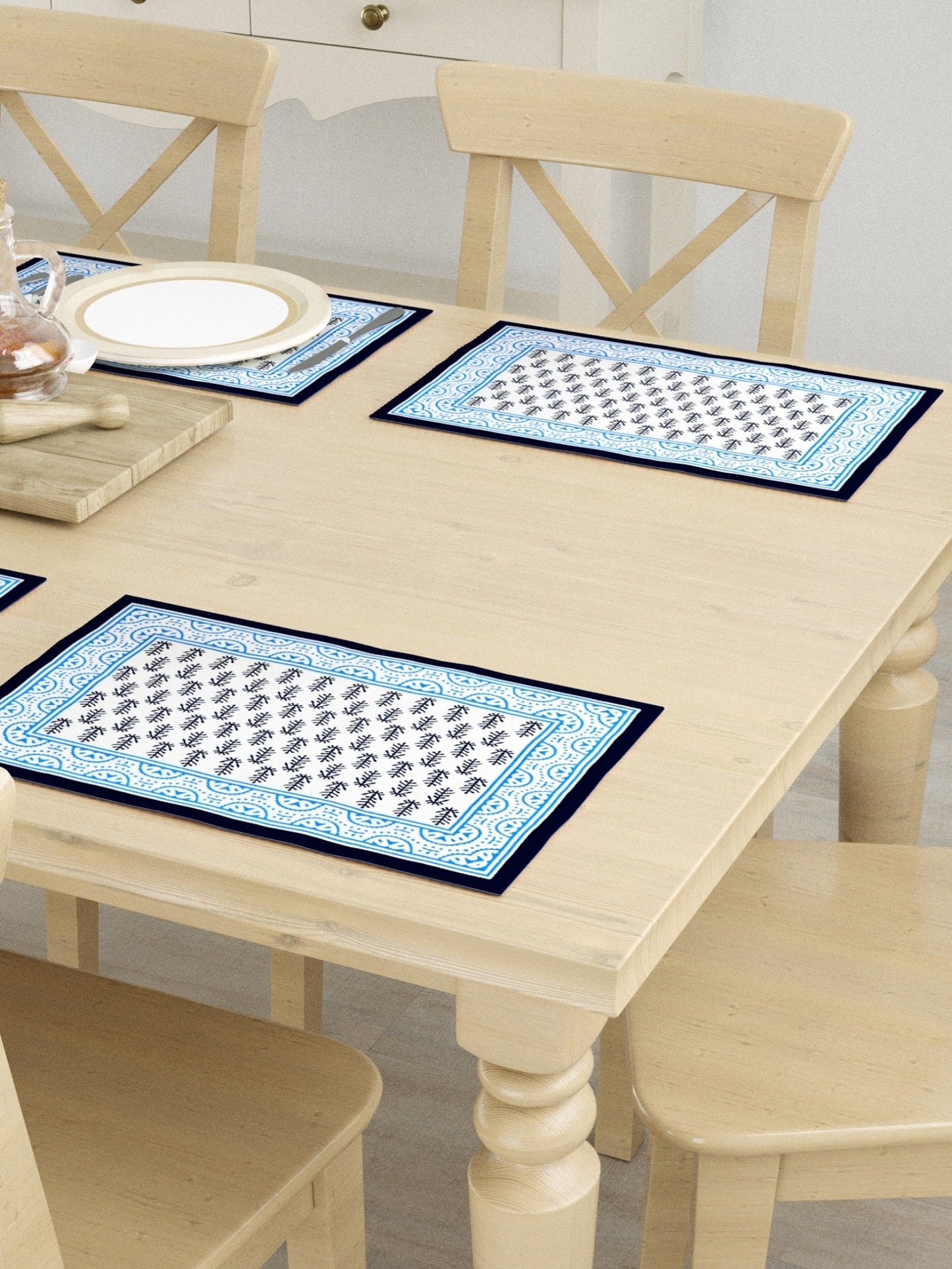 LIVING ROOTS Hand Block Printed Blue & White Table Runner, Mat and Napkin Set for Center/Dining Table (71-NAPKIN6PC-002)