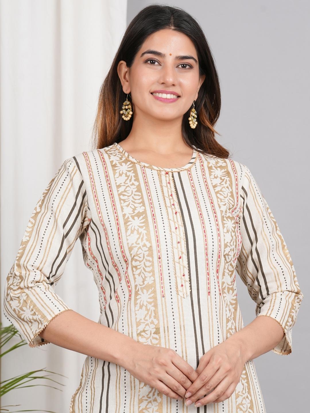 LIVING ROOTS Ethnic Motifs Printed Off White Pure Cotton Straight Kurti (W-1PC-010-M)