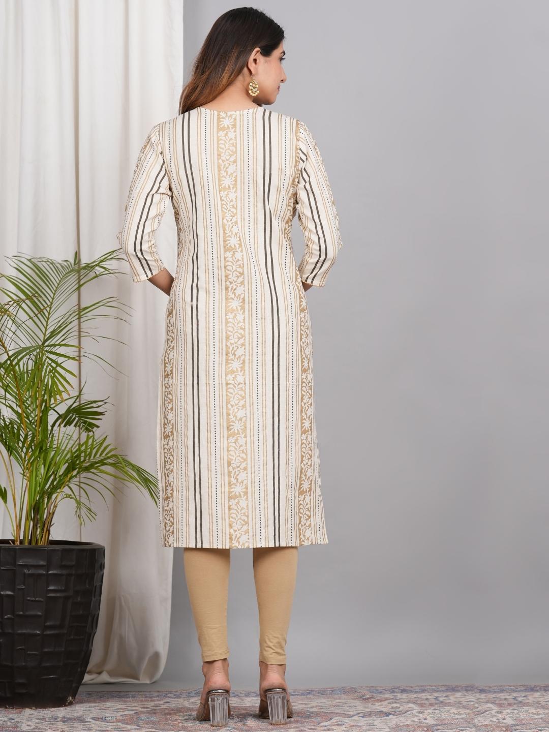 LIVING ROOTS Ethnic Motifs Printed Off White Pure Cotton Straight Kurti (W-1PC-010-M)