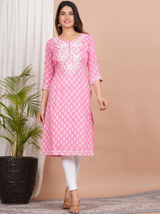 LIVING ROOTS Pink Pure Cotton Straight Kurti (W-1PC-012-M)