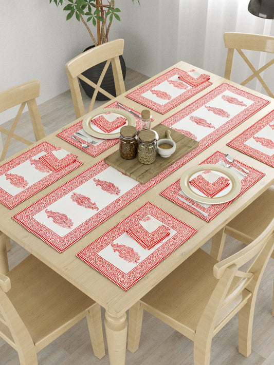 Hand Block Printed Red & White Table Runner, Mat and Napkin Set for Center/Dining Table