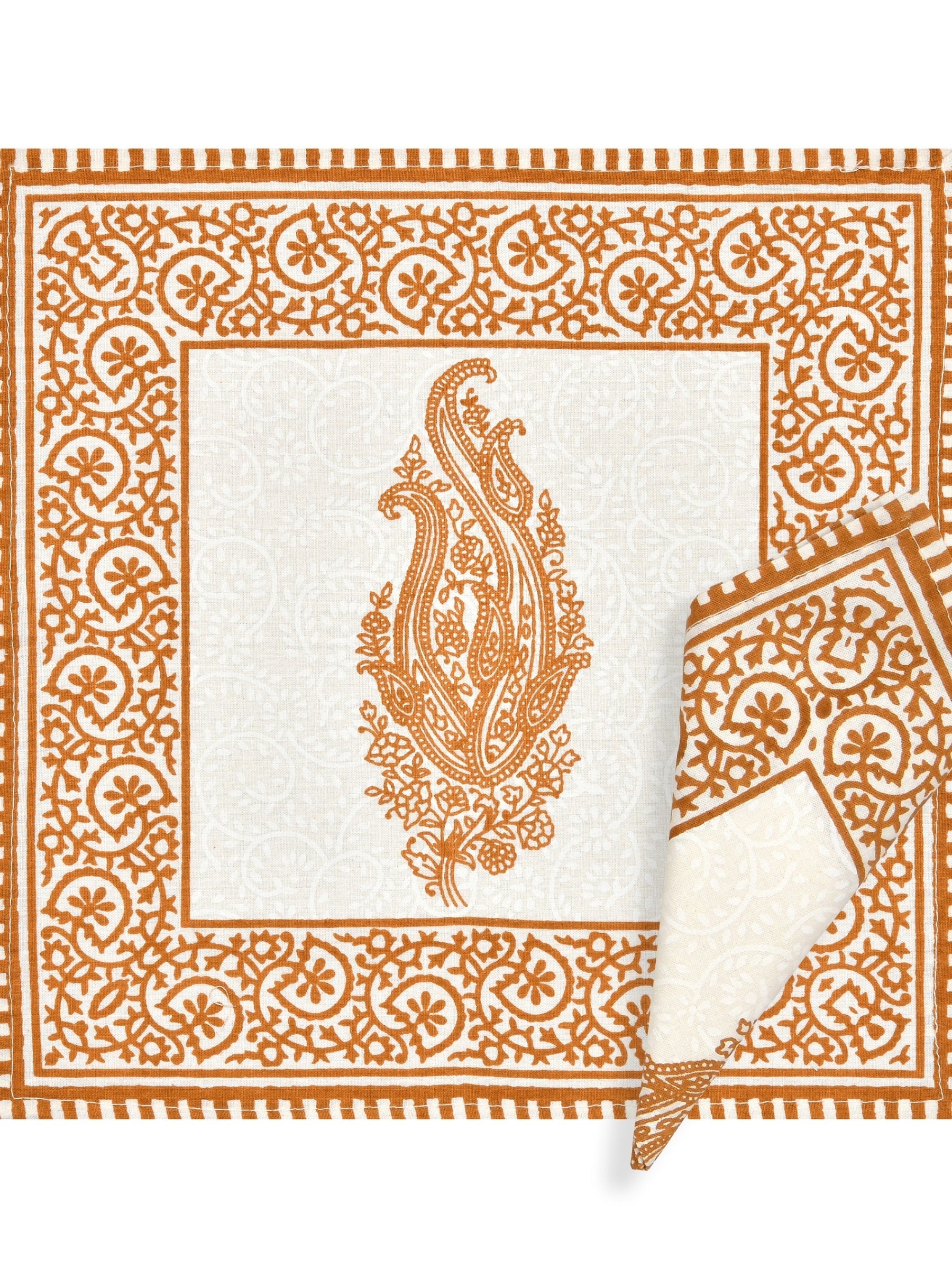 LIVING ROOTS Hand Block Printed Orange & White Table Runner, Mat and Napkin Set for Center/Dining Table (71-NAPKIN6PC-004)