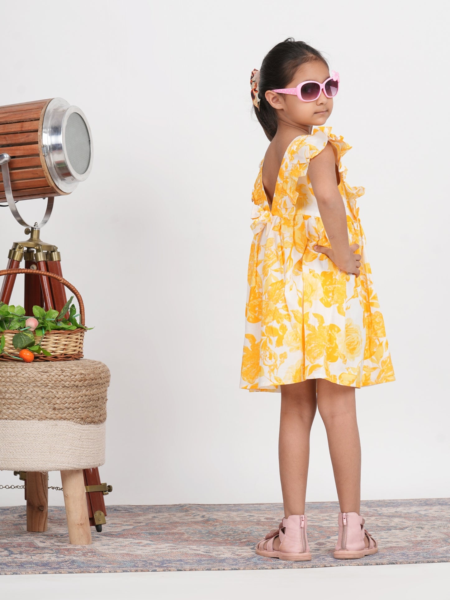 LIVING ROOTS Block Print Yellow Round Neck Dress for Girls (G-1PC-015-3-4Y)