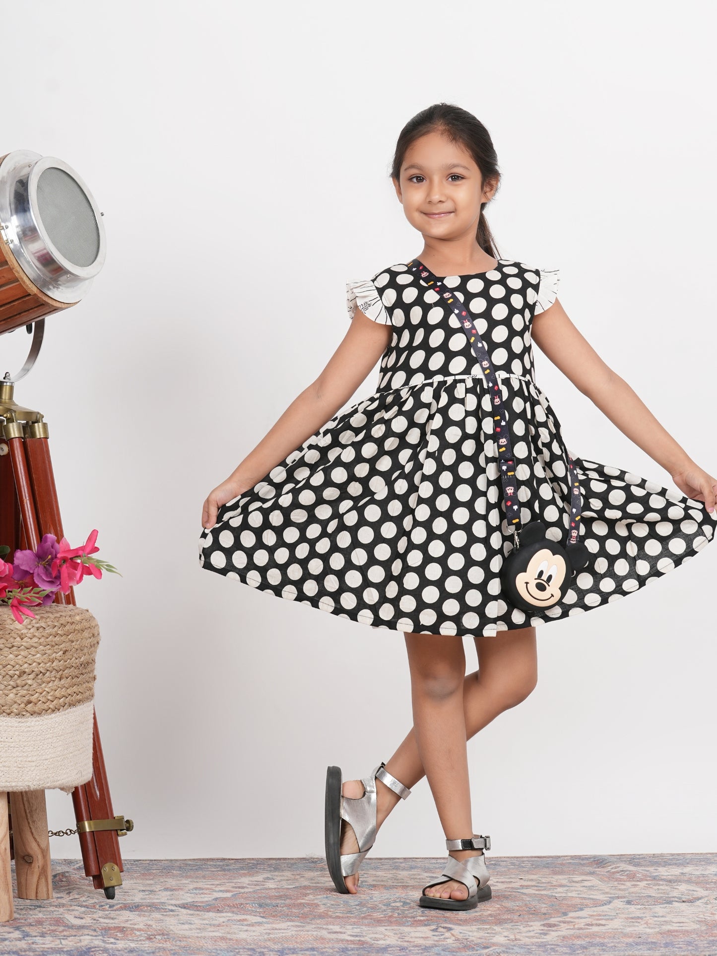 LIVING ROOTS Black Polka Dot Dress for Girls (G-1PC-009-3-4Y)