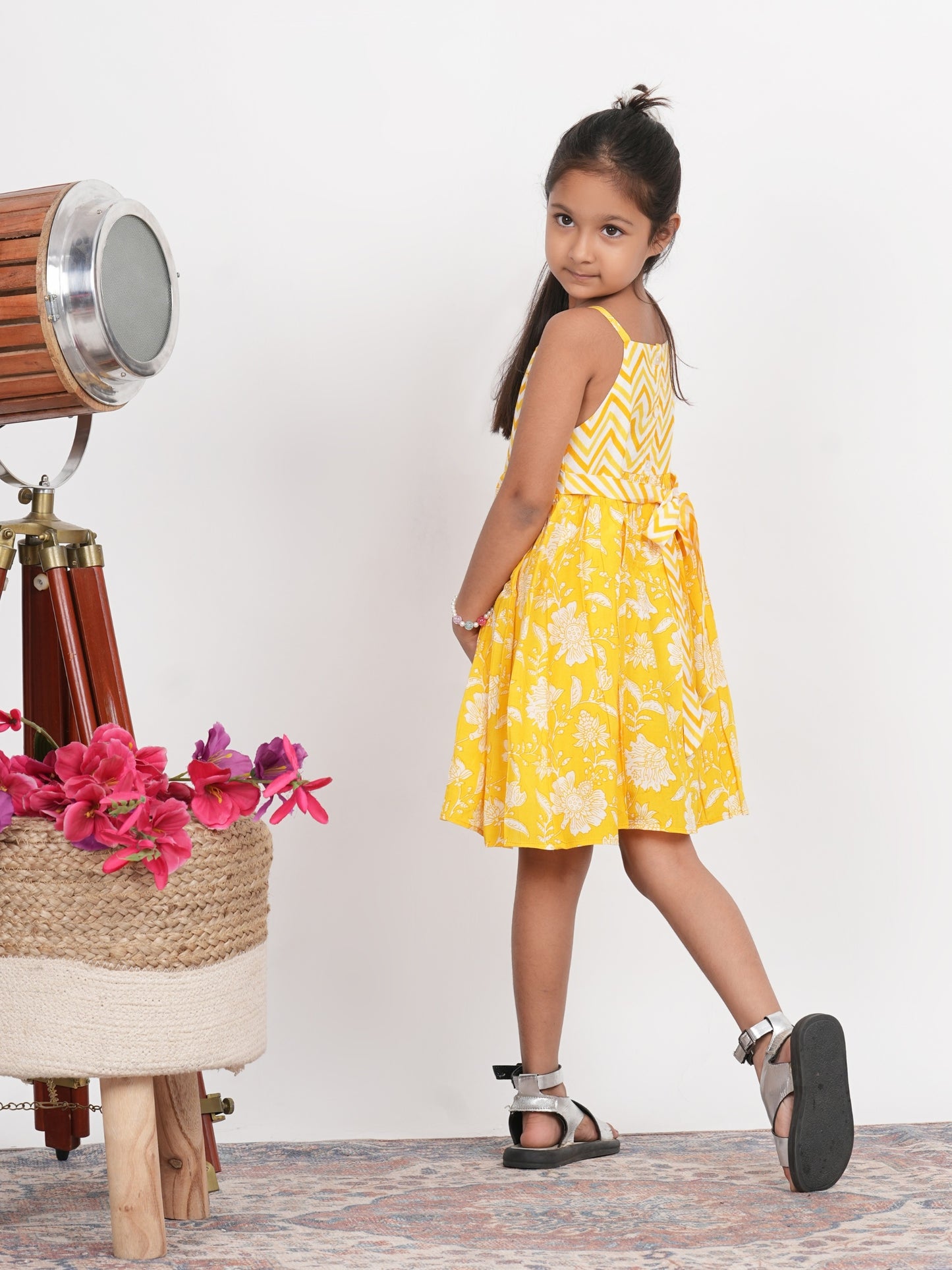 LIVING ROOTS Block Print Yellow Fit and Flare Dress for Girls (G-1PC-013-3-4Y)