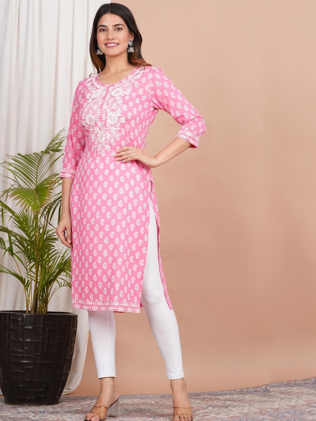 LIVING ROOTS Pink Pure Cotton Straight Kurti (W-1PC-012-M)