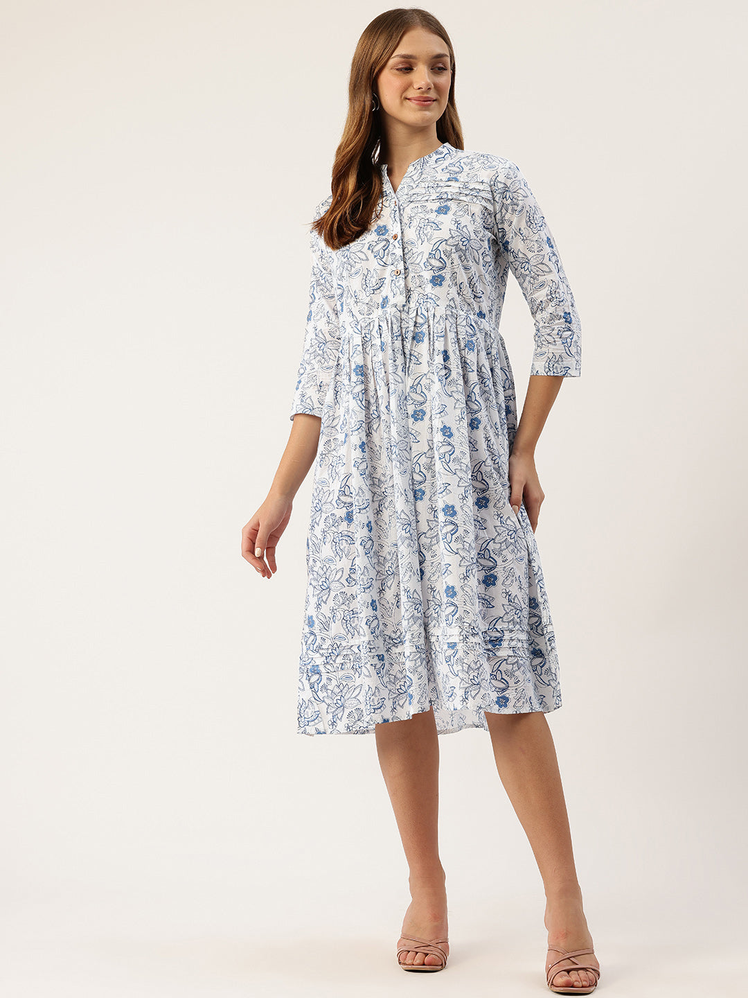 Living Roots Ethnic Knee-Length Cotton Dress for Women | Pleated & Printed | 3/4 Sleeve (2044)
