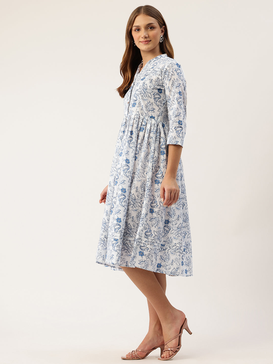 Living Roots Ethnic Knee-Length Cotton Dress for Women | Pleated & Printed | 3/4 Sleeve (2044)