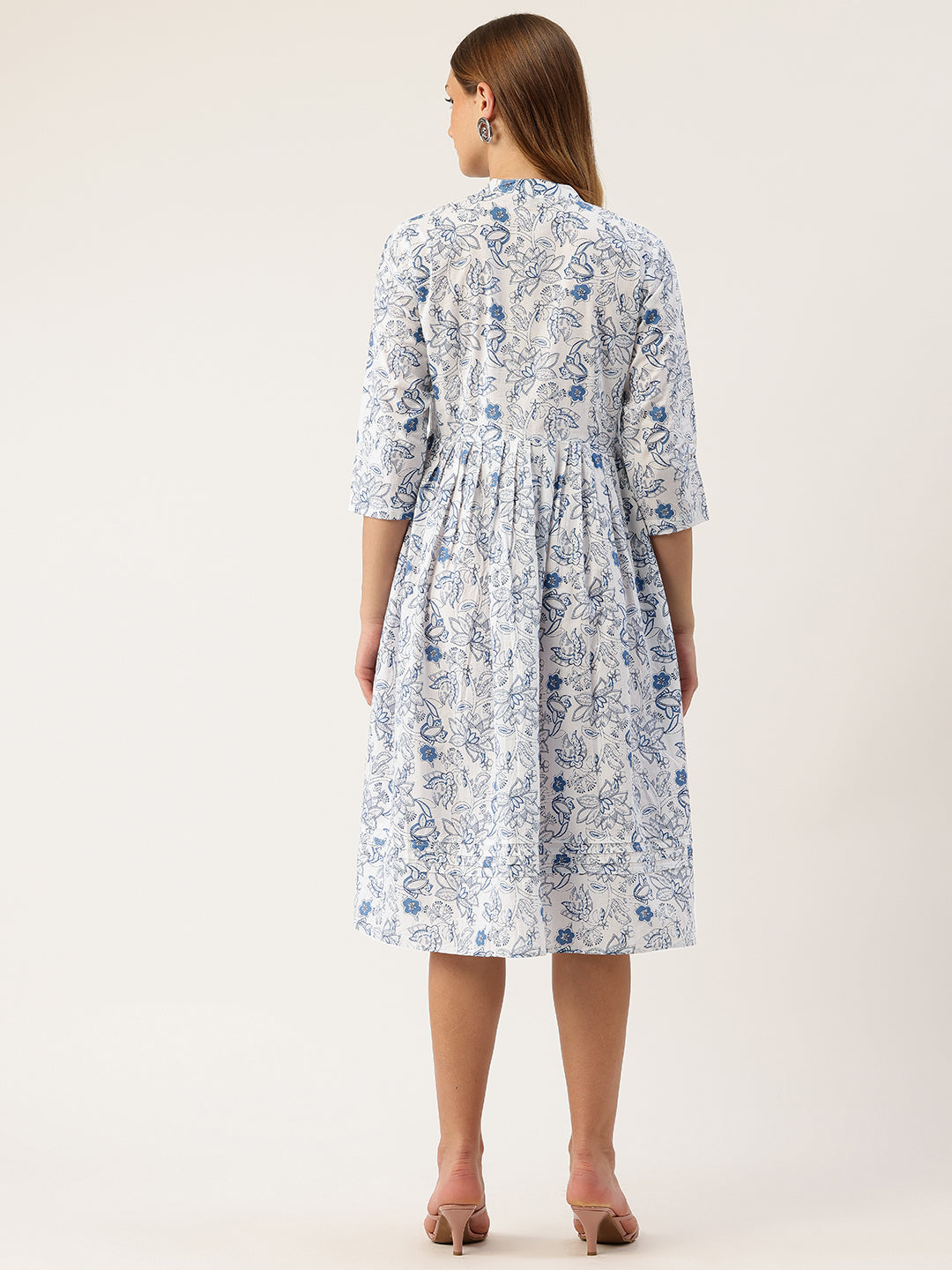 Living Roots Ethnic Knee-Length Cotton Dress for Women | Pleated & Printed | 3/4 Sleeve (2044)