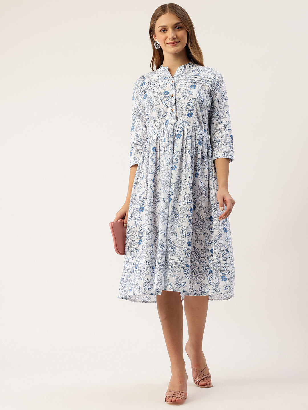 Living Roots Ethnic Knee-Length Cotton Dress for Women | Pleated & Printed | 3/4 Sleeve (2044)