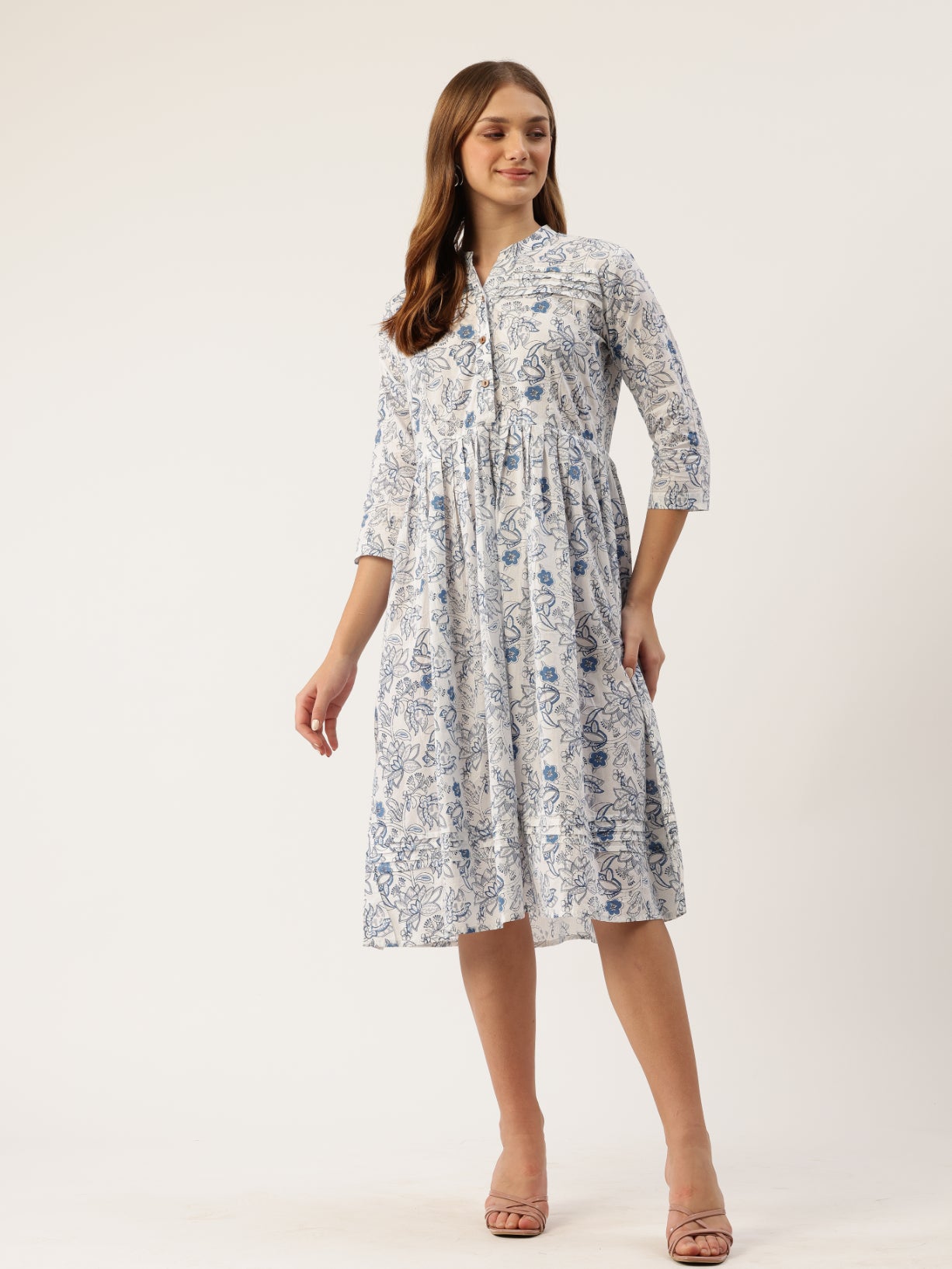 Living Roots Ethnic Knee-Length Cotton Dress for Women | Pleated & Printed | 3/4 Sleeve (2044)