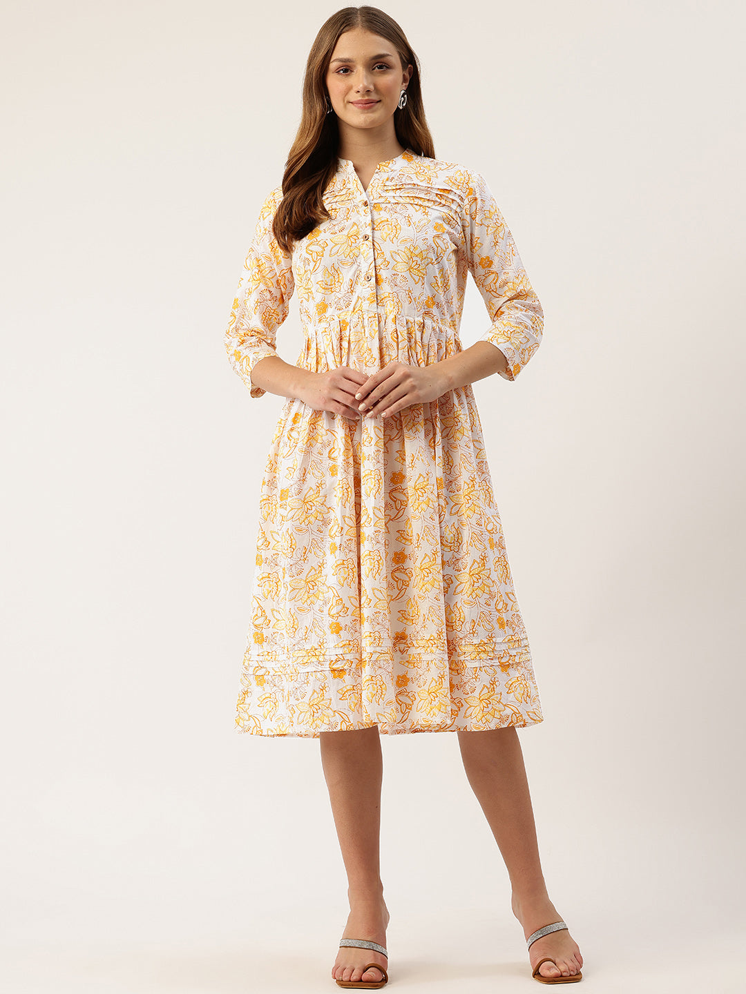 Living Roots Ethnic Knee-Length Cotton Dress for Women | Pleated & Printed | 3/4 Sleeve (2047)