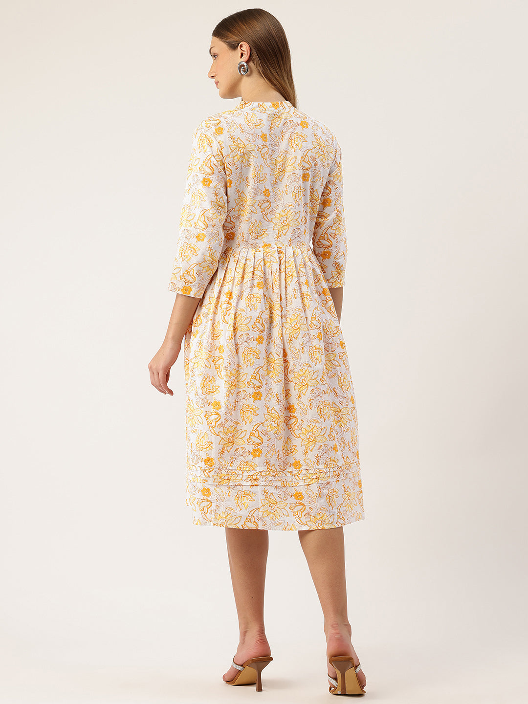 Living Roots Ethnic Knee-Length Cotton Dress for Women | Pleated & Printed | 3/4 Sleeve (2047)