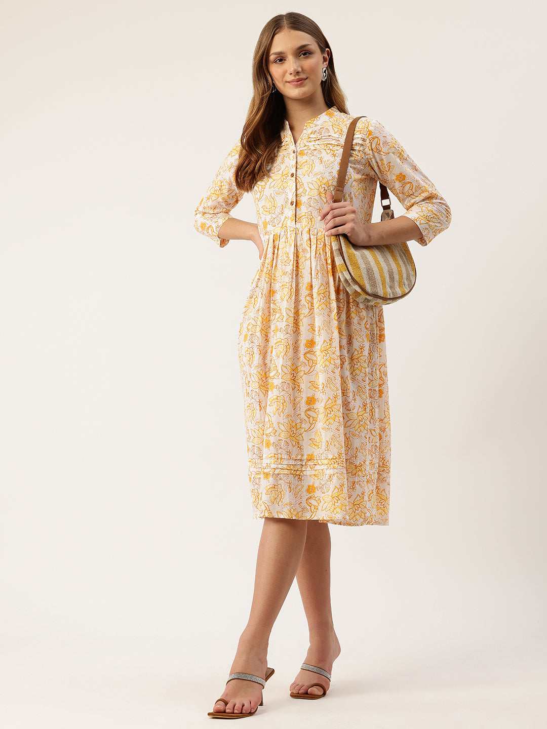 Living Roots Ethnic Knee-Length Cotton Dress for Women | Pleated & Printed | 3/4 Sleeve (2047)