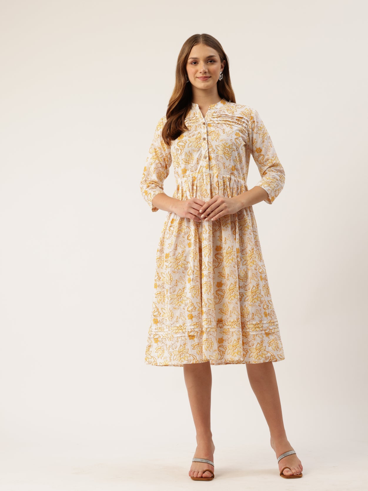 Living Roots Ethnic Knee-Length Cotton Dress for Women | Pleated & Printed | 3/4 Sleeve (2047)