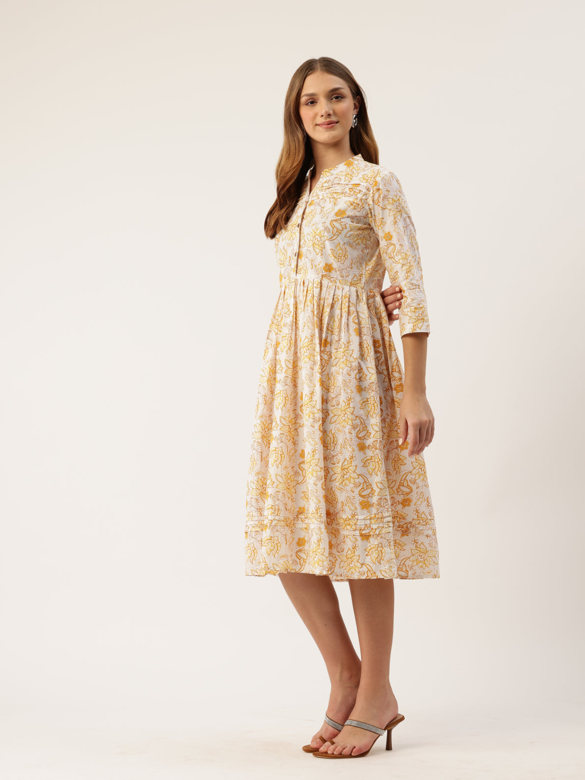 Living Roots Ethnic Knee-Length Cotton Dress for Women | Pleated & Printed | 3/4 Sleeve (2047)