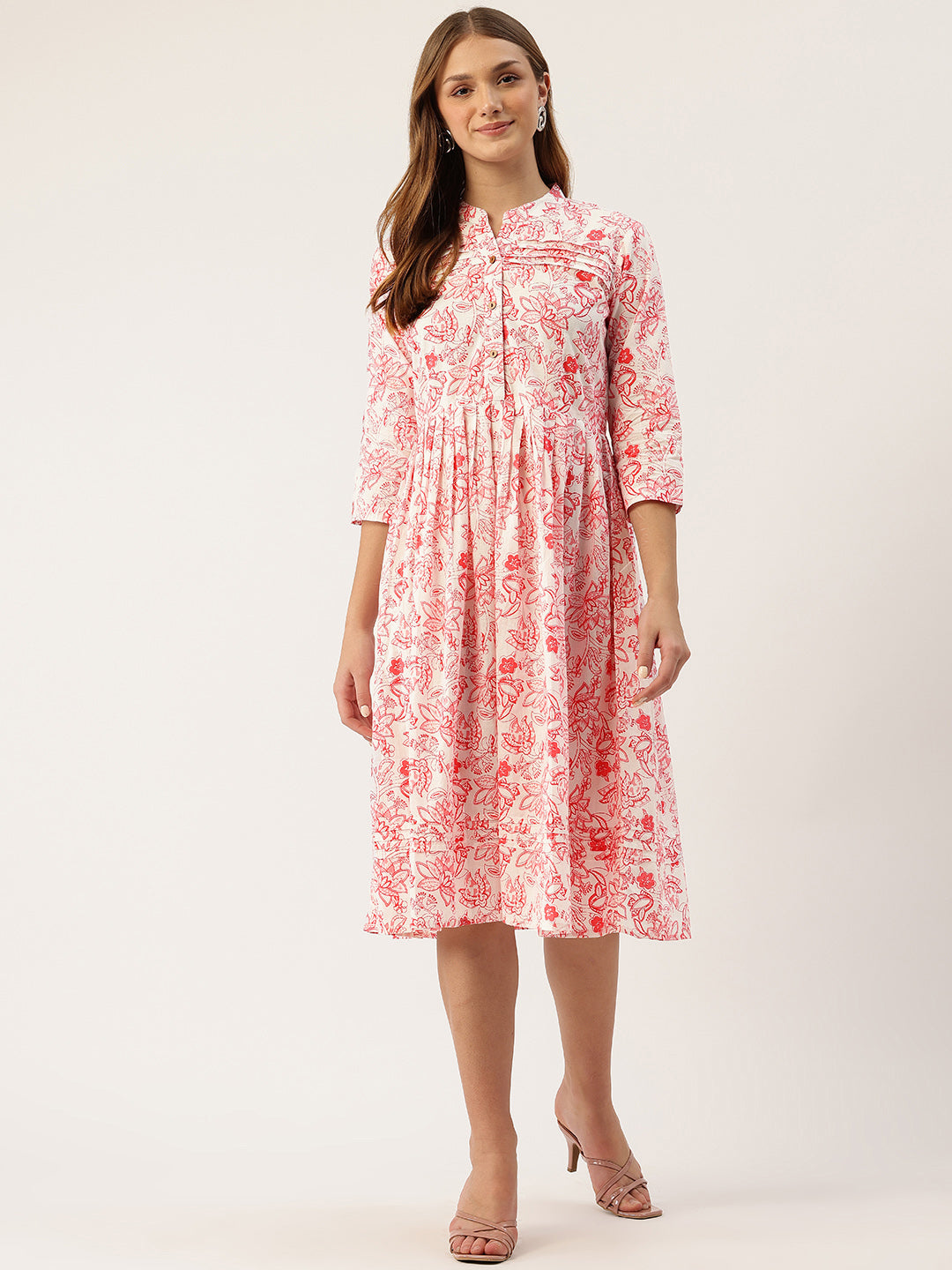 Living Roots Ethnic Knee-Length Cotton Dress for Women | Pleated & Printed | 3/4 Sleeve (2049)