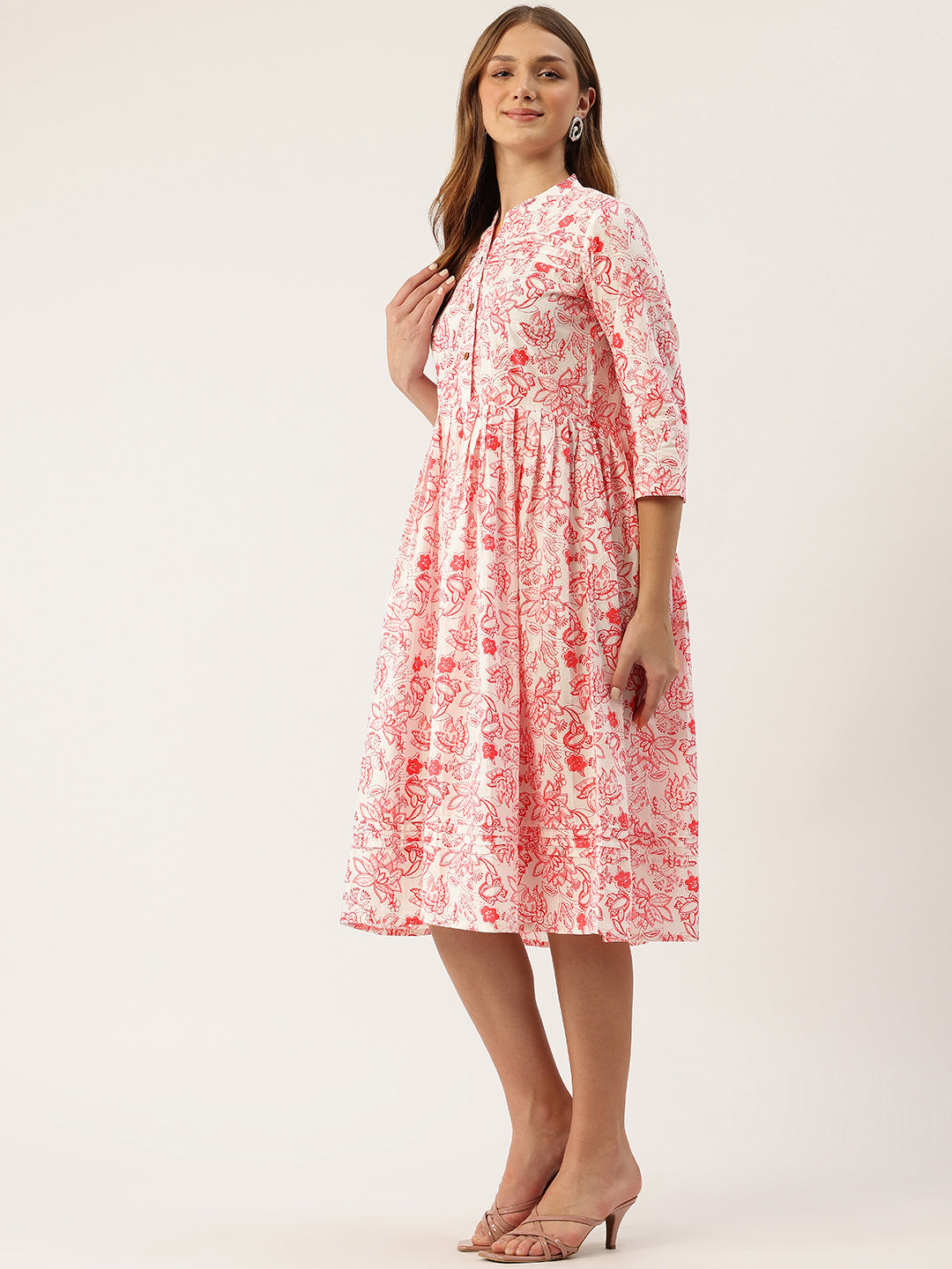 Living Roots Ethnic Knee-Length Cotton Dress for Women | Pleated & Printed | 3/4 Sleeve (2049)