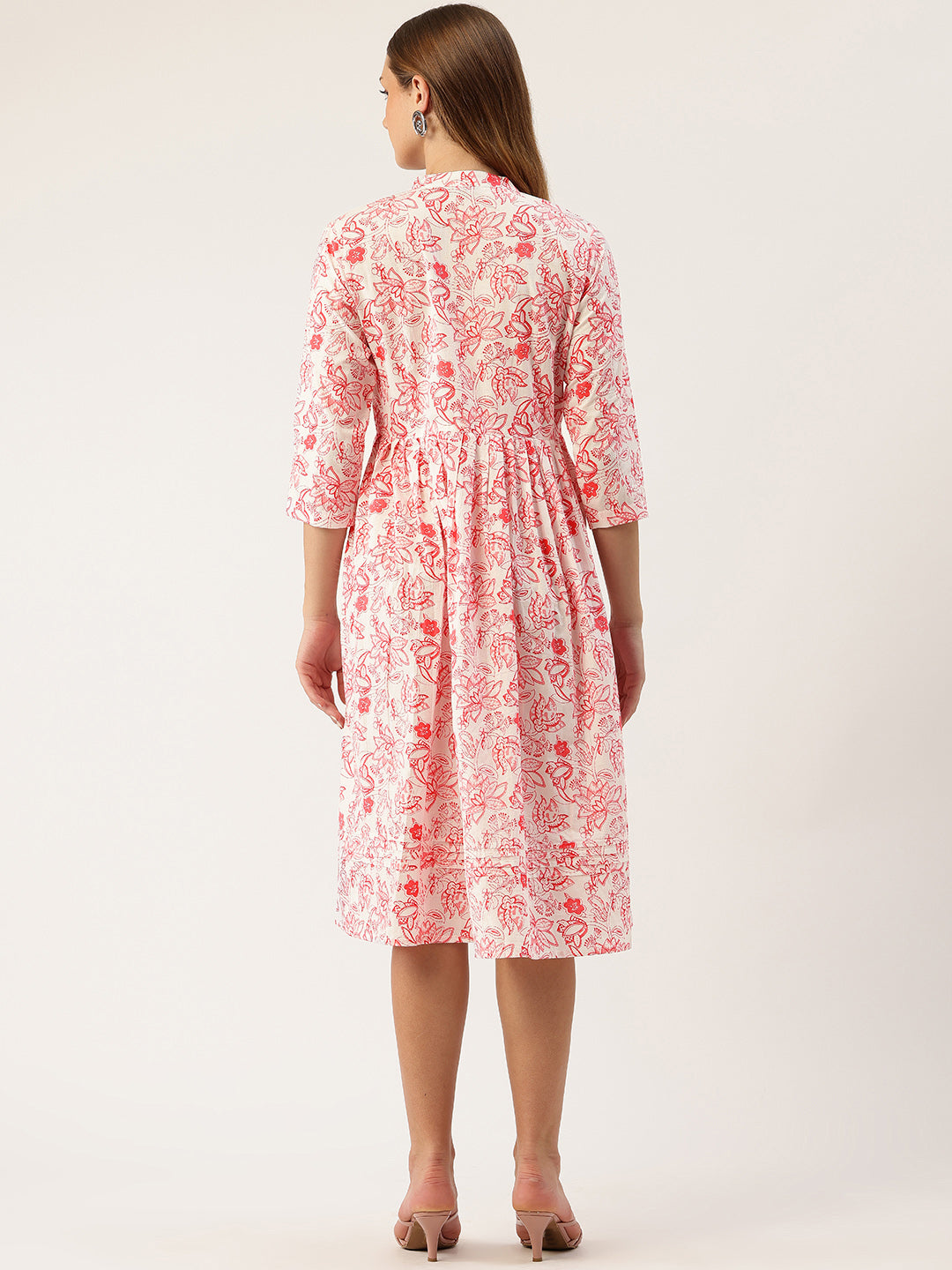 Living Roots Ethnic Knee-Length Cotton Dress for Women | Pleated & Printed | 3/4 Sleeve (2049)