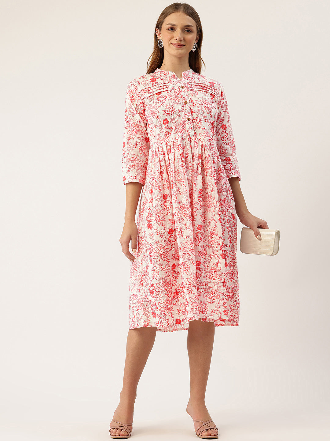 Living Roots Ethnic Knee-Length Cotton Dress for Women | Pleated & Printed | 3/4 Sleeve (2049)