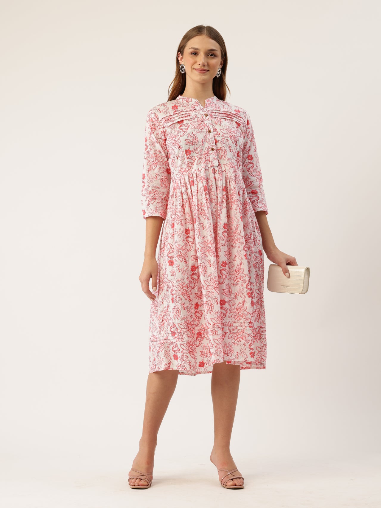 Living Roots Ethnic Knee-Length Cotton Dress for Women | Pleated & Printed | 3/4 Sleeve (2049)