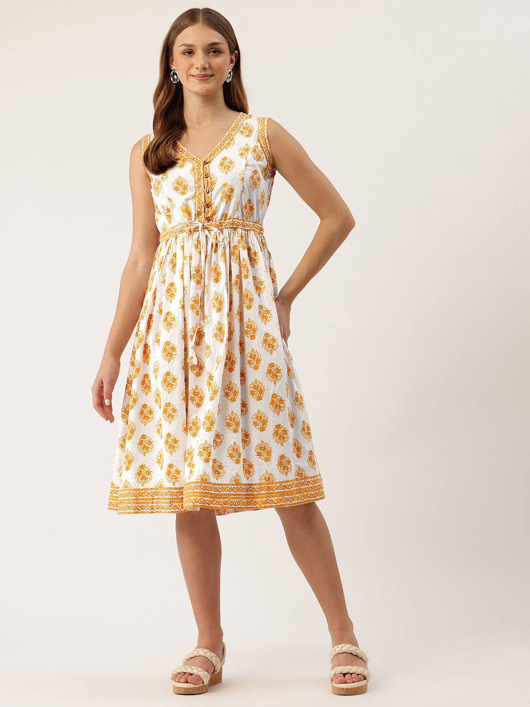 Living Roots Ethnic Knee-Length Cotton Dress for Women | Pleated & Printed | sleeveless (2051)