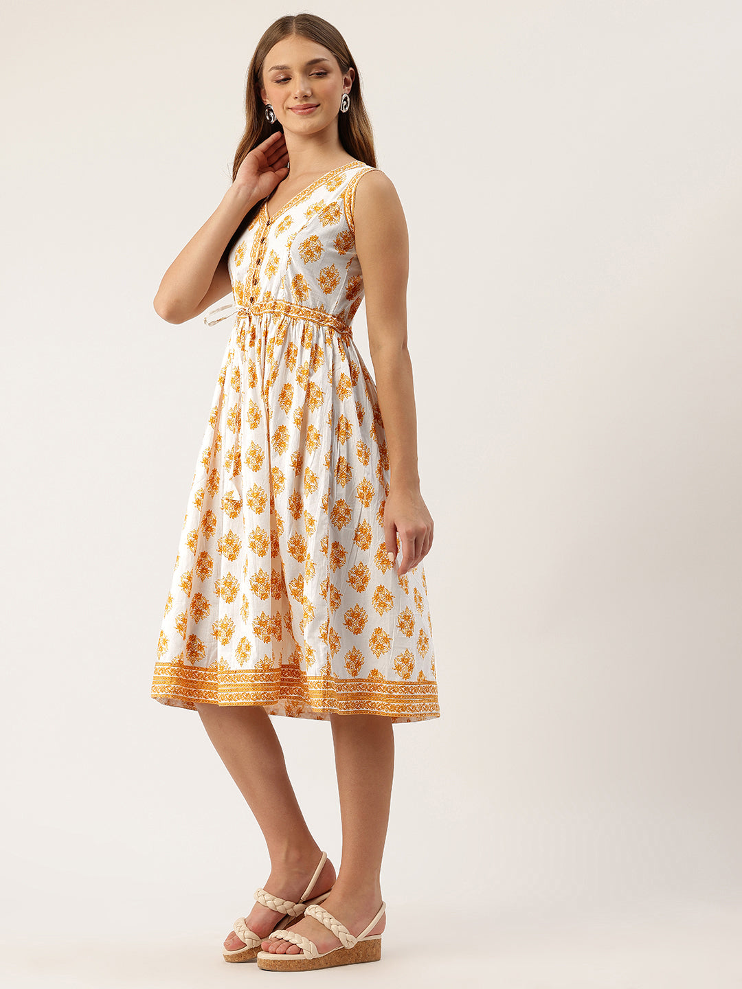Living Roots Ethnic Knee-Length Cotton Dress for Women | Pleated & Printed | sleeveless (2051)