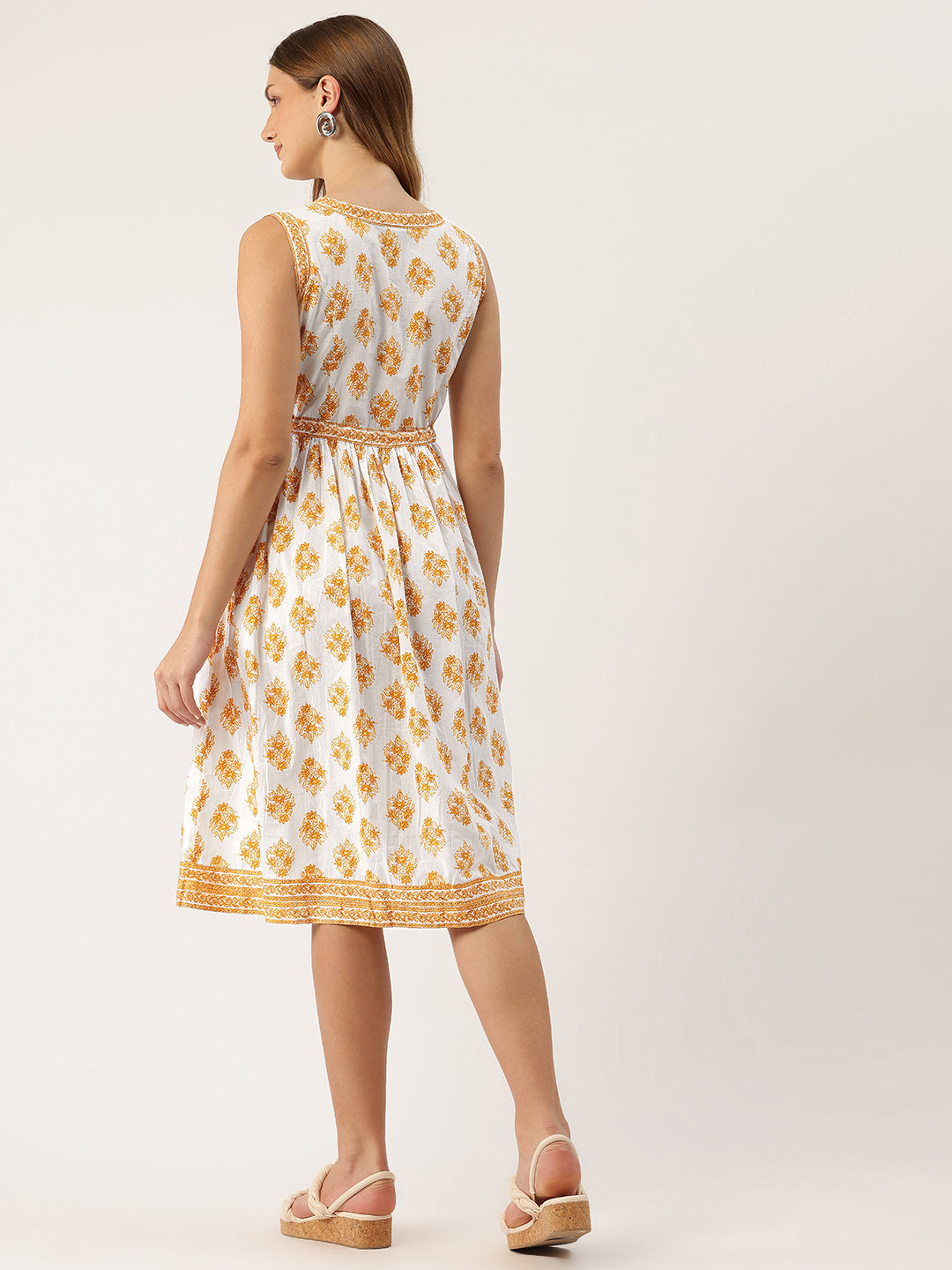 Living Roots Ethnic Knee-Length Cotton Dress for Women | Pleated & Printed | sleeveless (2051)
