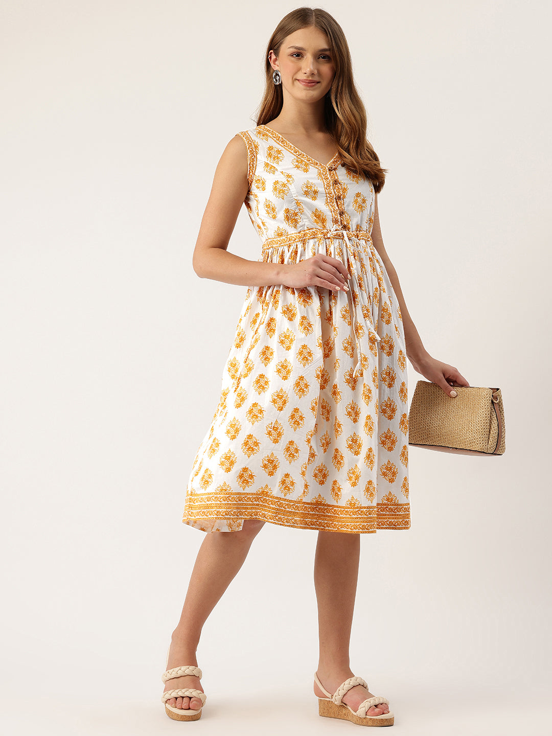 Living Roots Ethnic Knee-Length Cotton Dress for Women | Pleated & Printed | sleeveless (2051)