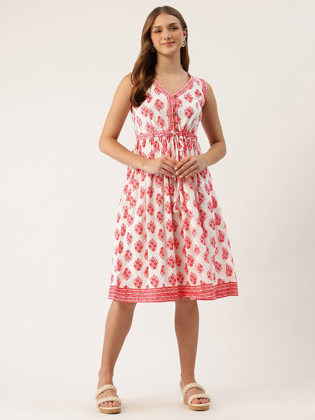 Living Roots Ethnic Knee-Length Cotton Dress for Women | Pleated & Printed | sleeveless (2052)
