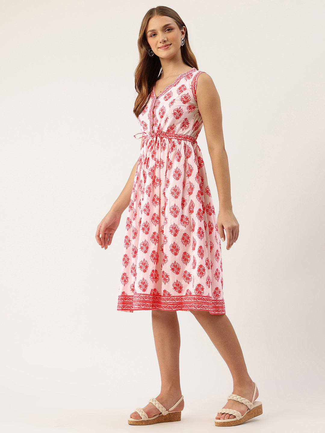 Living Roots Ethnic Knee-Length Cotton Dress for Women | Pleated & Printed | sleeveless (2052)